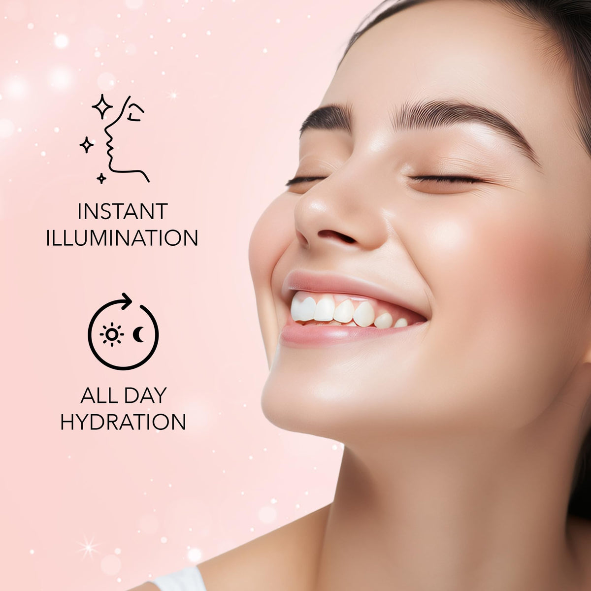 Smiling woman with a dewy glow, with icons for instant illumination and all day hydration from FACES CANADA Strobe Cream