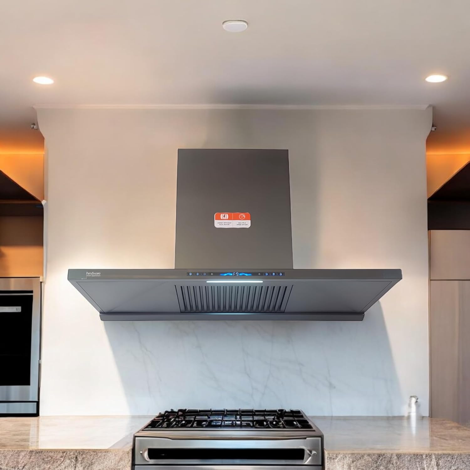 Hindware Imelda Autoclean 90 | Powerful Suction: 2000 m3/h* | Filterless | BLDC Motor | Turbo Mode+9 Speed | Thermal Auto Clean Wall Mounted 90cm Chimney (Grey)
