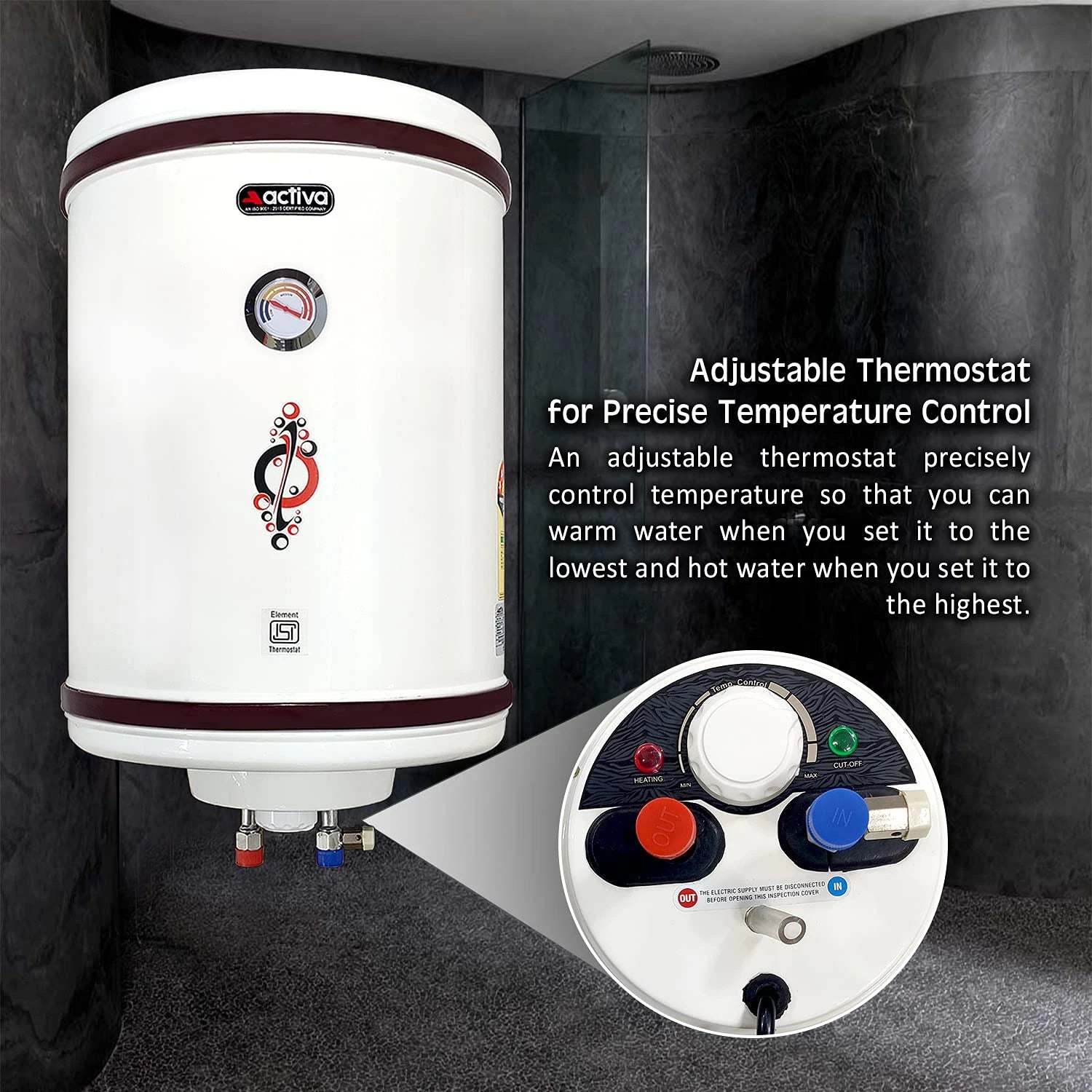 ACTIVA Storage 50 LTR. 5 Stars (.8mm TANK) 2 KVA Geyser with Special Anti Rust Coating Metal Body, HD ISI Element Hotline/Crystal Ivory with Free Installation Kit and adjustable outer thermostat 5 yea