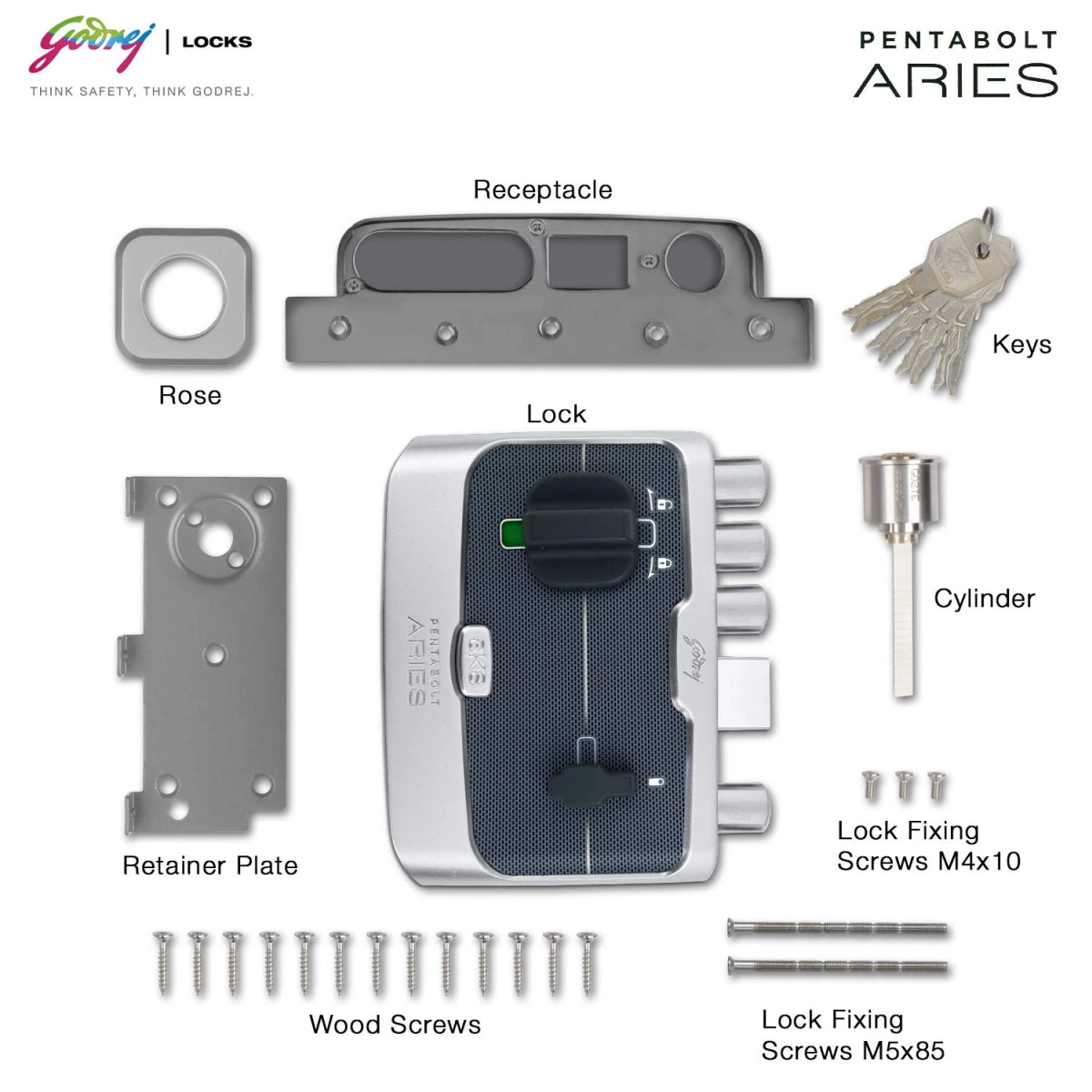 Godrej Door locks Pentabolt Aries 1CK DB Roman Silver 6360