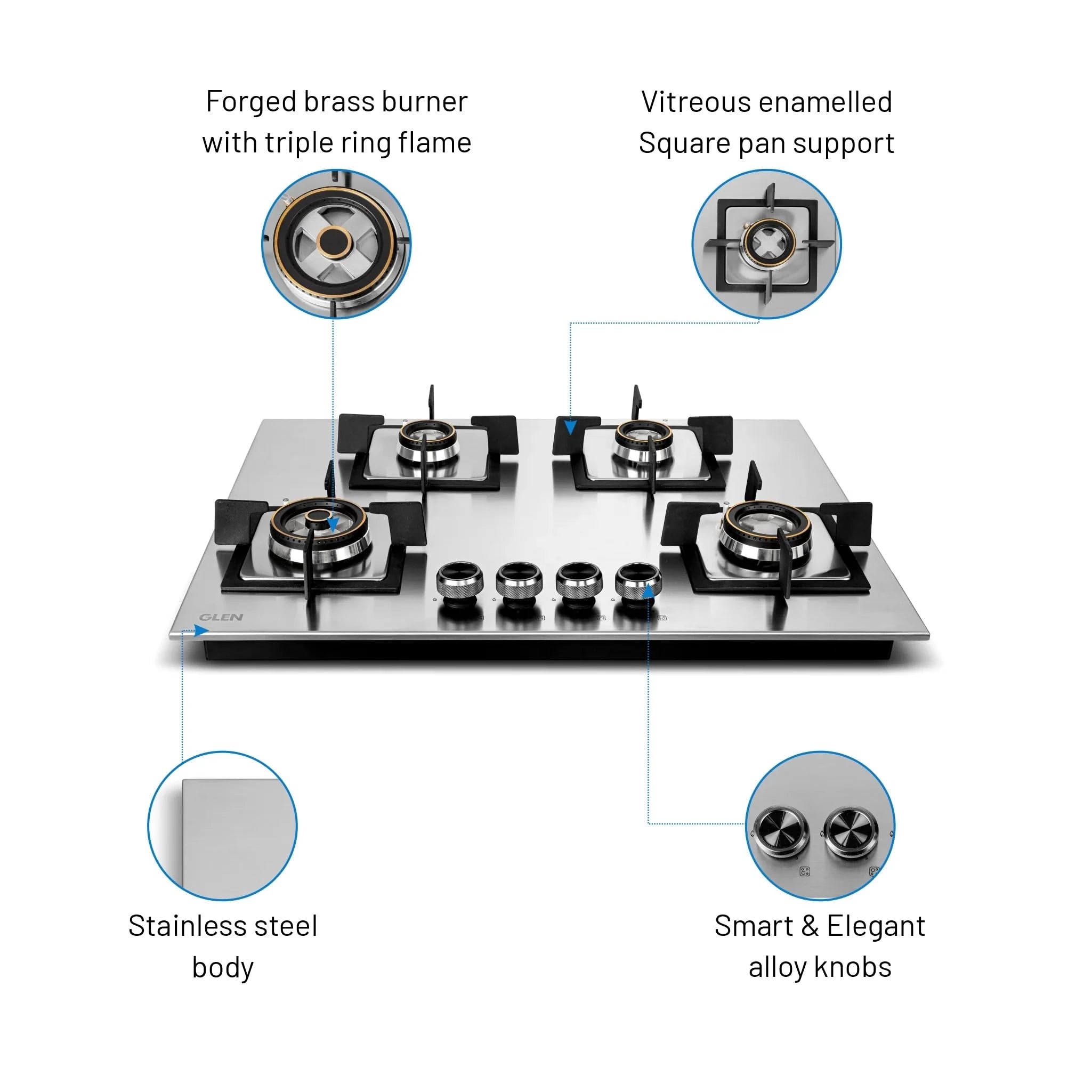 Glen Hob Top 4 Burner Stainless Steel | Built In Hob 4 Burner Gas Stove Auto Ignition | Mini Triple Ring & Double Ring Brass Burners | hob gas stove 4 burner stainless steel (BH1074SQHTSSDBMT70)