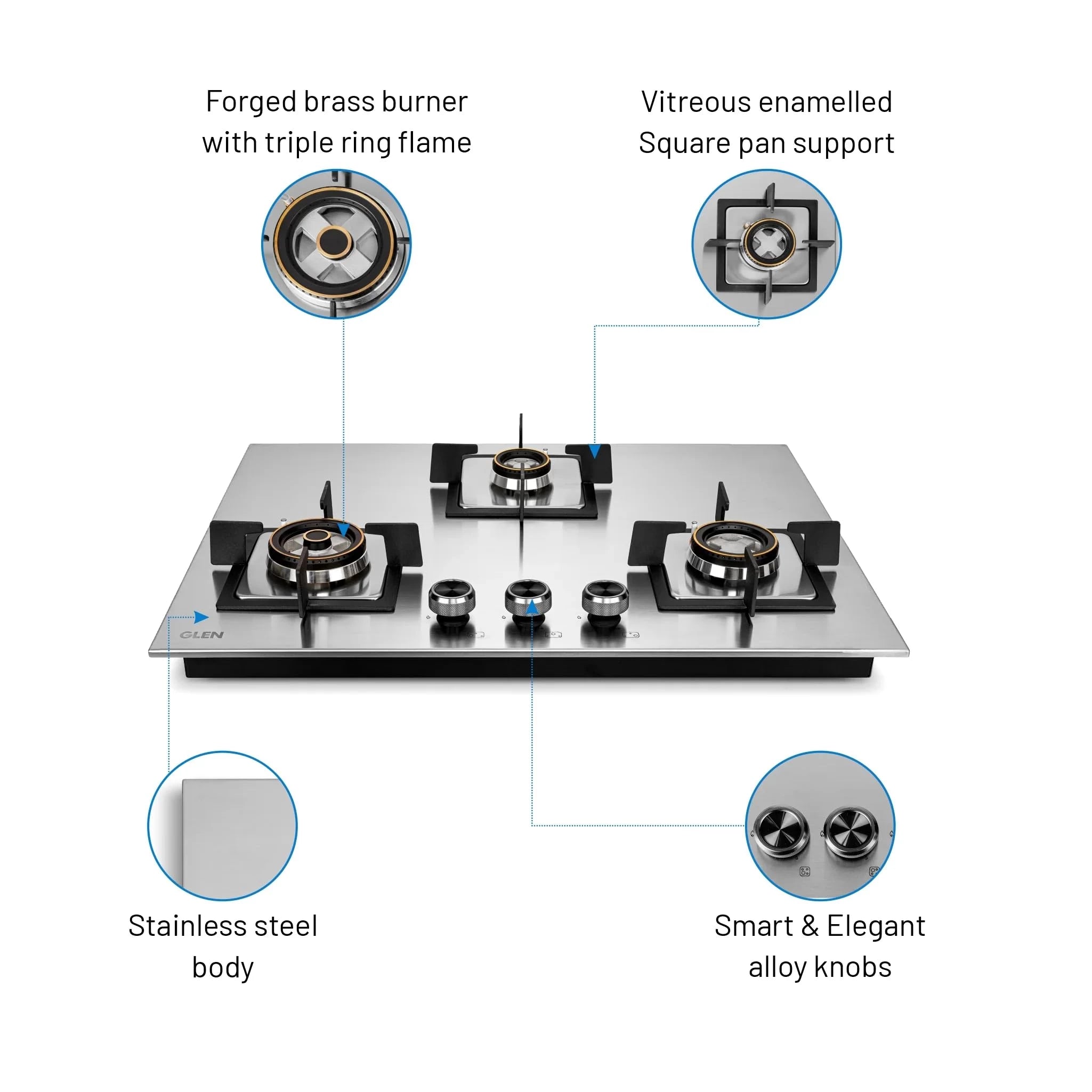 Glen Hob Top 3 Burner Auto Ignition | Dual Use Freestanding & Built In Hob Ultra Tuff Stainless Steel Mini Triple Ring & Double Ring Forged Brass Burners | Hob gas stove 3 burner (BH1073SQHTSSDBMT70)