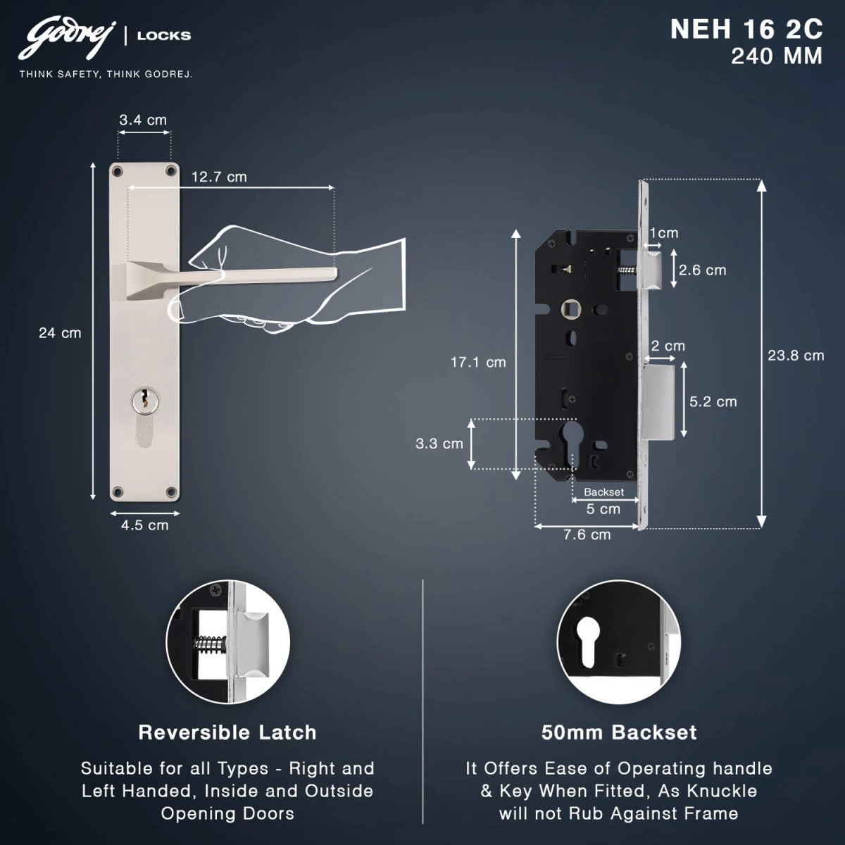 Godrej door locks 240 mm Door Handle set with Lock Body 2C 5989
