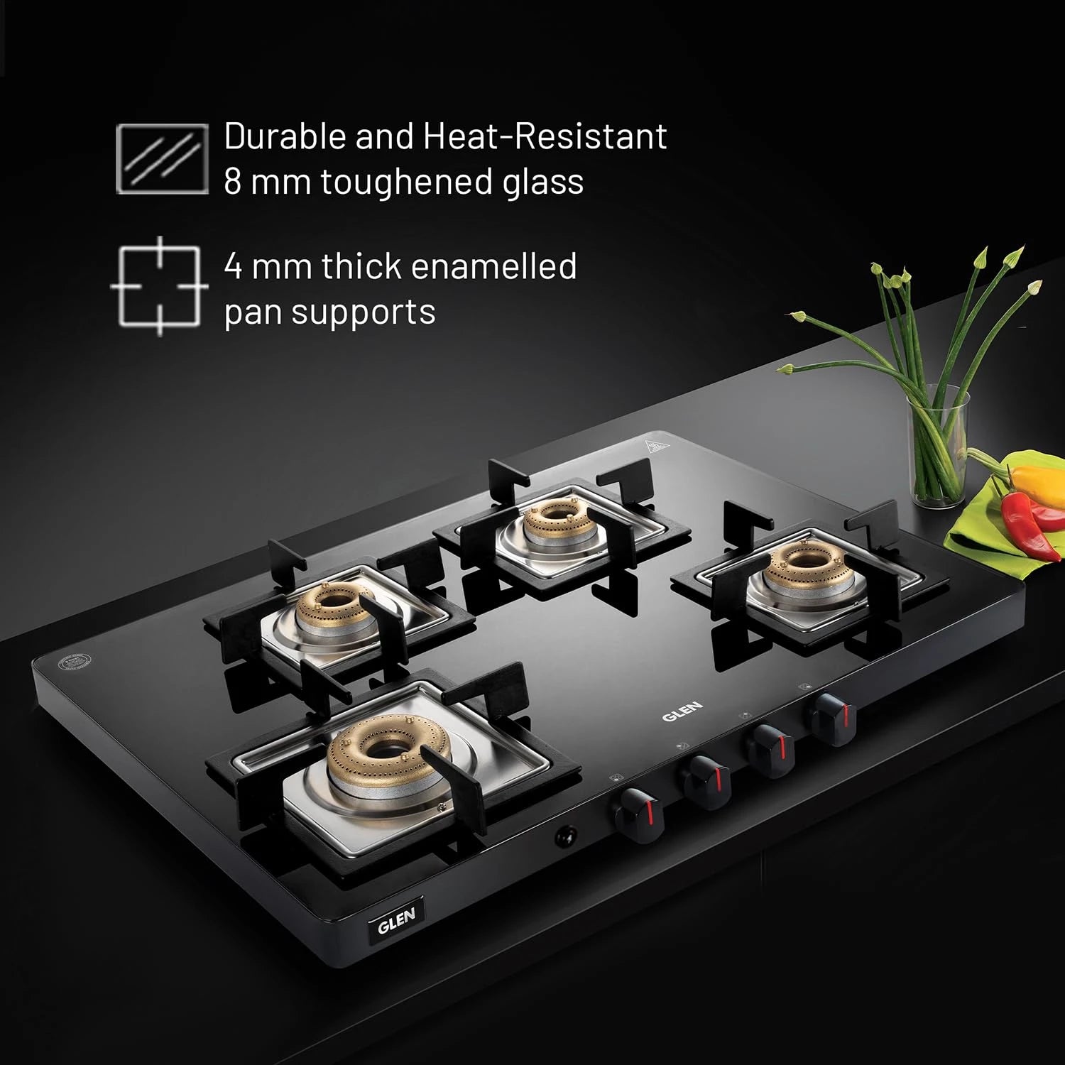 Glen Gas Stove 4 Burner Ultra Slim Auto Ignition LPG Gas Stoves | Forged Brass Burner | Black | Revolving Inlet Nozzle | 2 Year Warranty On Product (CT1047USBLAI)