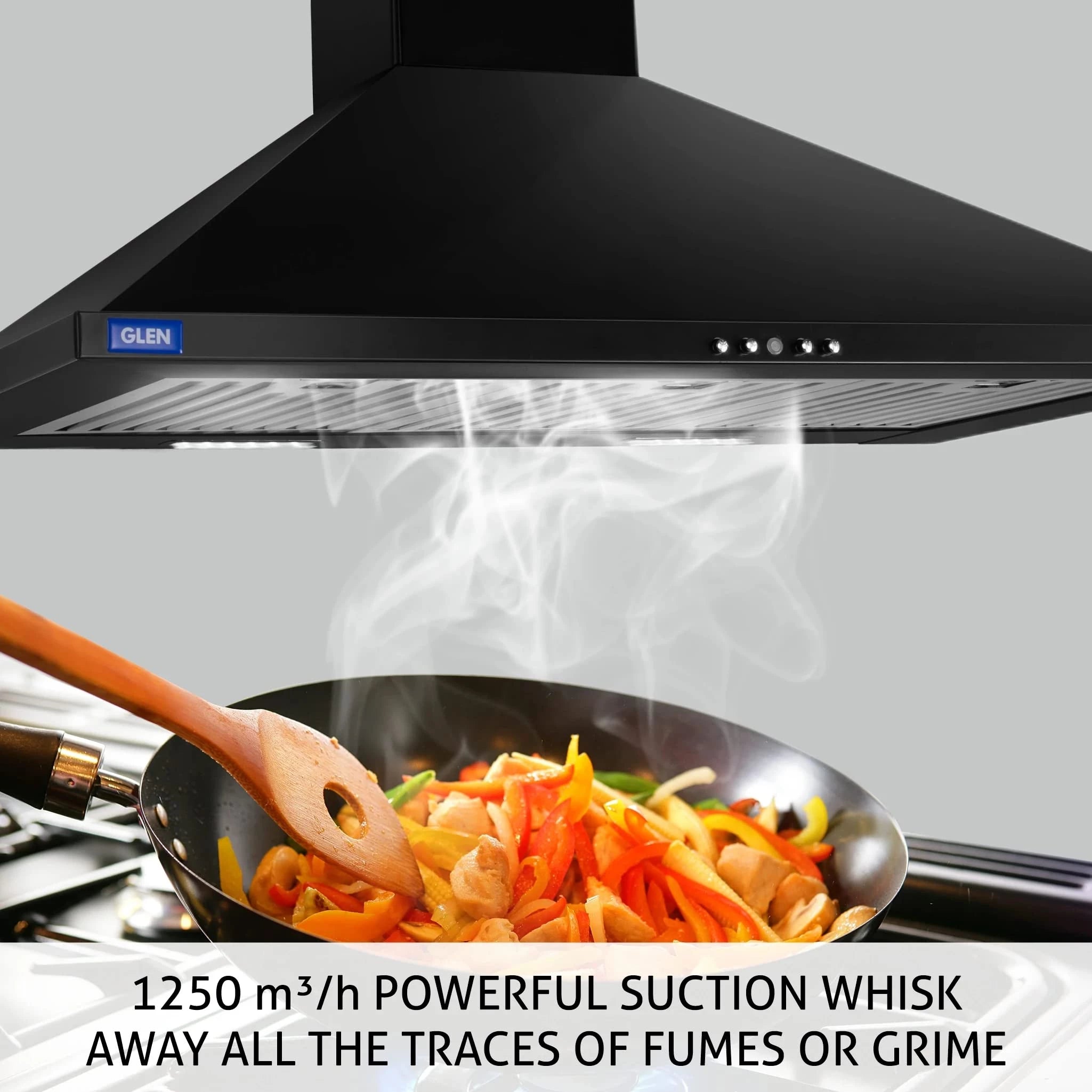 Glen Electric Kitchen Chimney for home With 7 Year Warranty On Motor, Pyramid Shape Baffle filters Italian Motor, 90cm 1250 m3/h - Black (6054BL90DX)