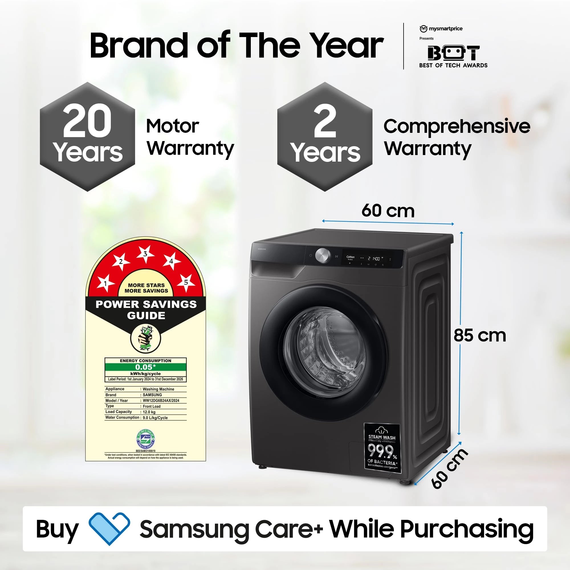 Samsung 12 kg, 5star, AI Control, Super Speed, Wi-Fi, Hygiene Steam with Inbuilt Heater, Digital Inverter, Fully-Automatic Front Load Washing Machine (WW12DG6B24AXTL, Inox)