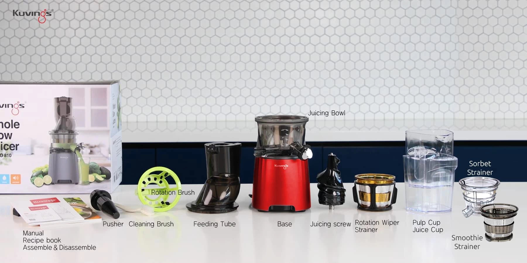 Kuvings Evo810 Red Professional Cold Press Whole Slow Juicer, World'S Only Juicer With Patented Rubber & Silicon-Free Technology, All-In-1 Fruit & Vegetable Juicer (Evo810 Red) - 240 Watts (NS-2155)