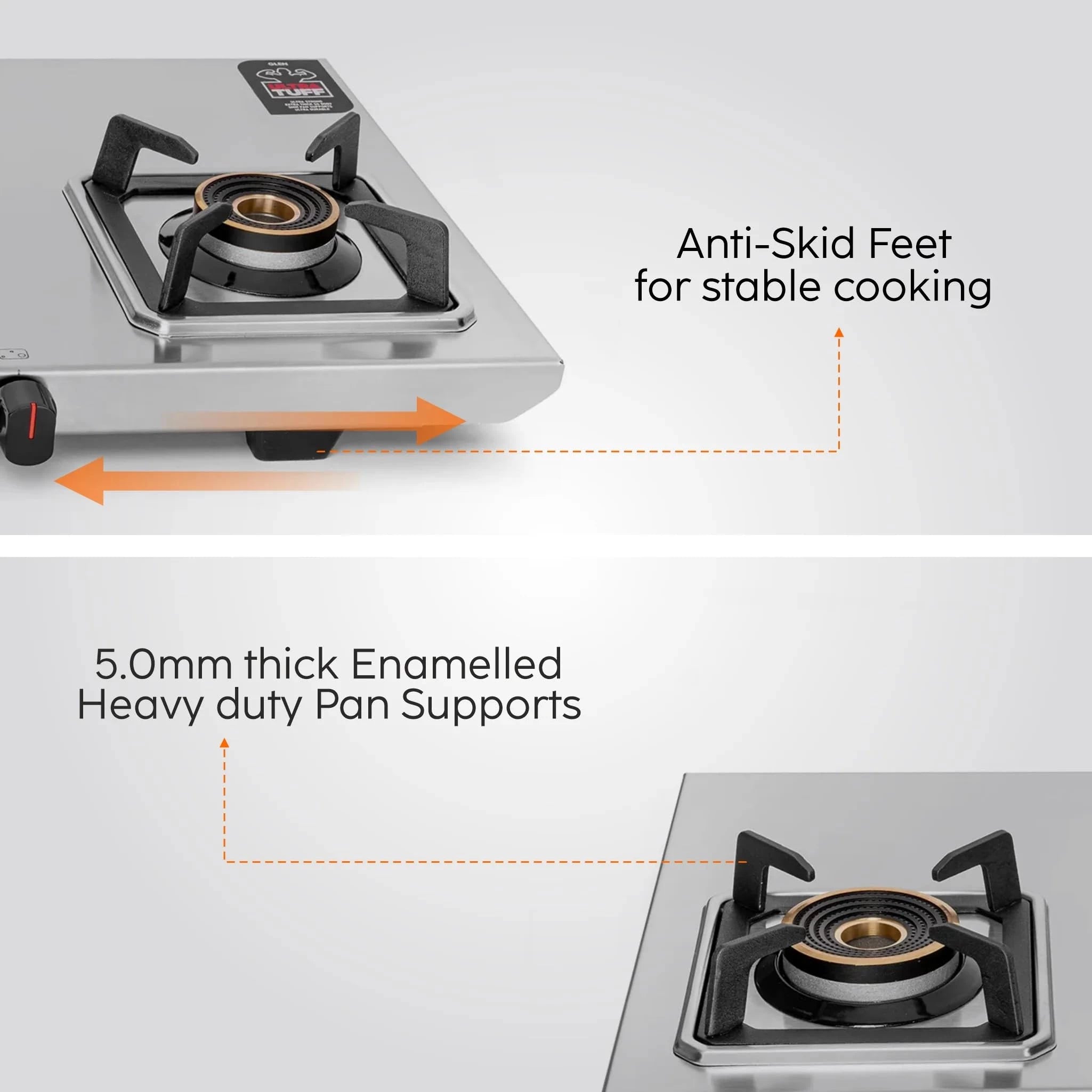 Glen 3 Burner Ultra Tuff Stainless Steel Gas Stove | Multi-Ring Forged Brass Burners | Removal Drip Trays | ISI Certified | Revolving Inlet Nozzle | Manual Ignition (CT1053UTDTSS)