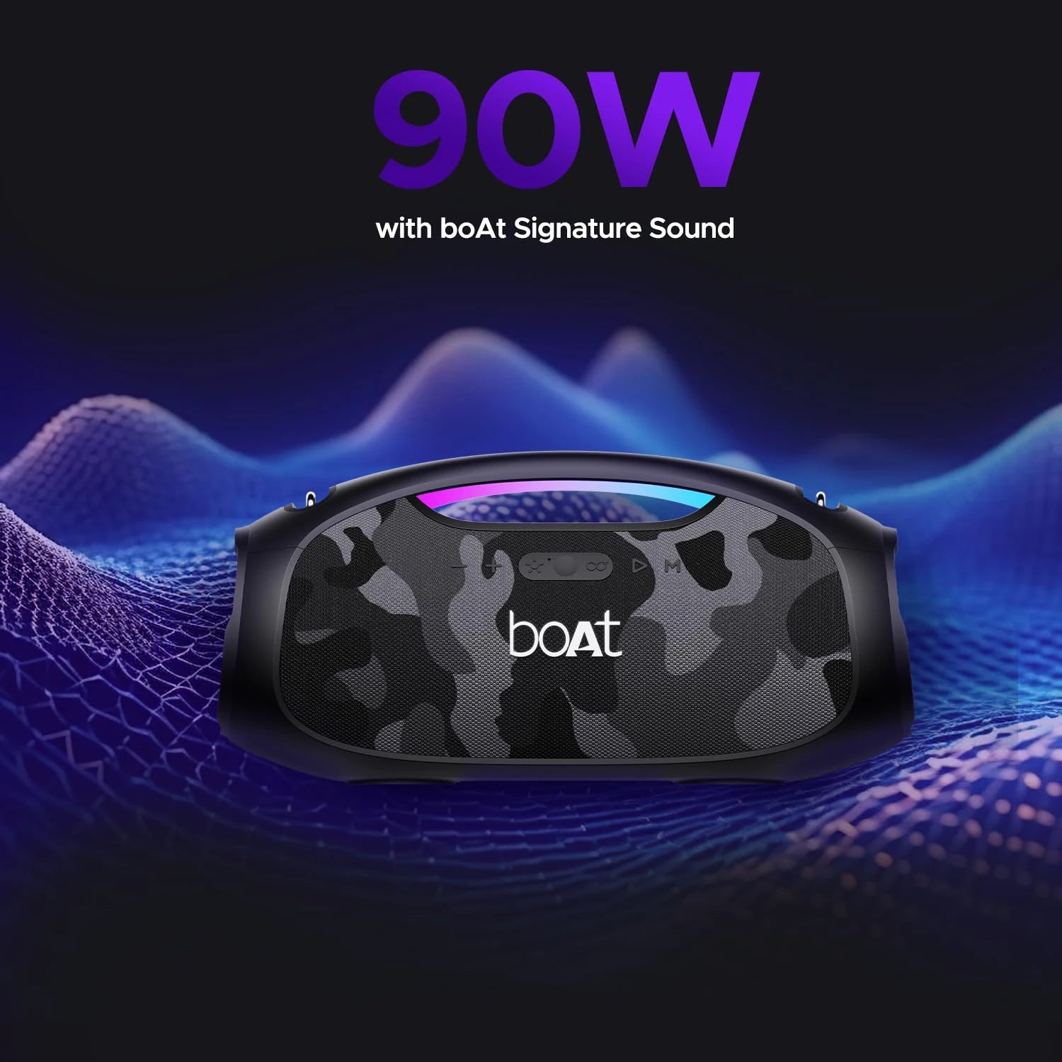 boAt Stone 1800 Bluetooth Speaker with 90 W RMS Sound, RGB LEDs, EQ Modes, IPX6,BT v5.3,Multi- Compatibility– Aux&USB, Playback time Up to 5 Hours & Type C Charging(Camo Black)