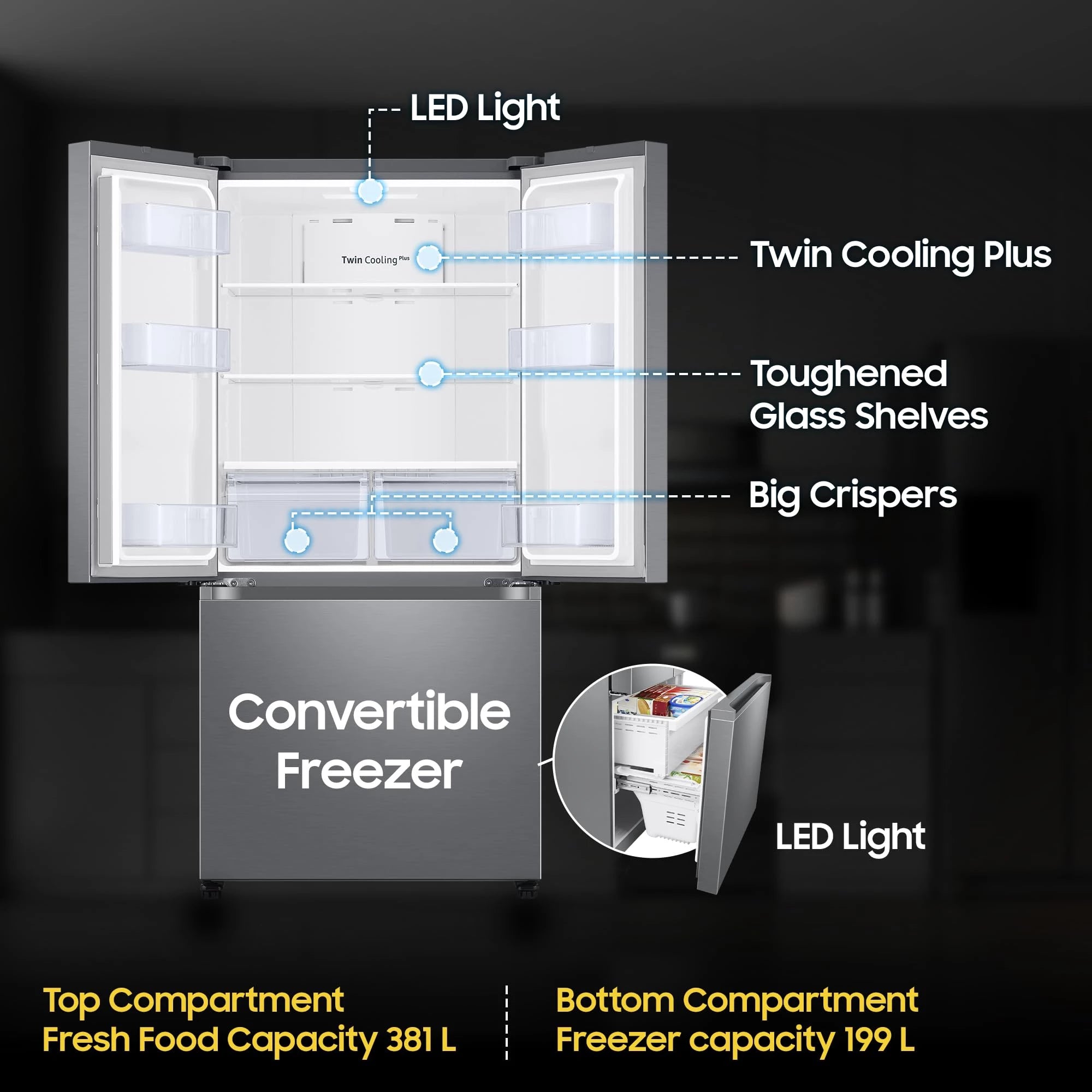 Samsung 550 L, Convertible, Digital Inverter, Frost Free French Door Refrigerator (RF57A5032S9/TL, Silver, Refined Inox)