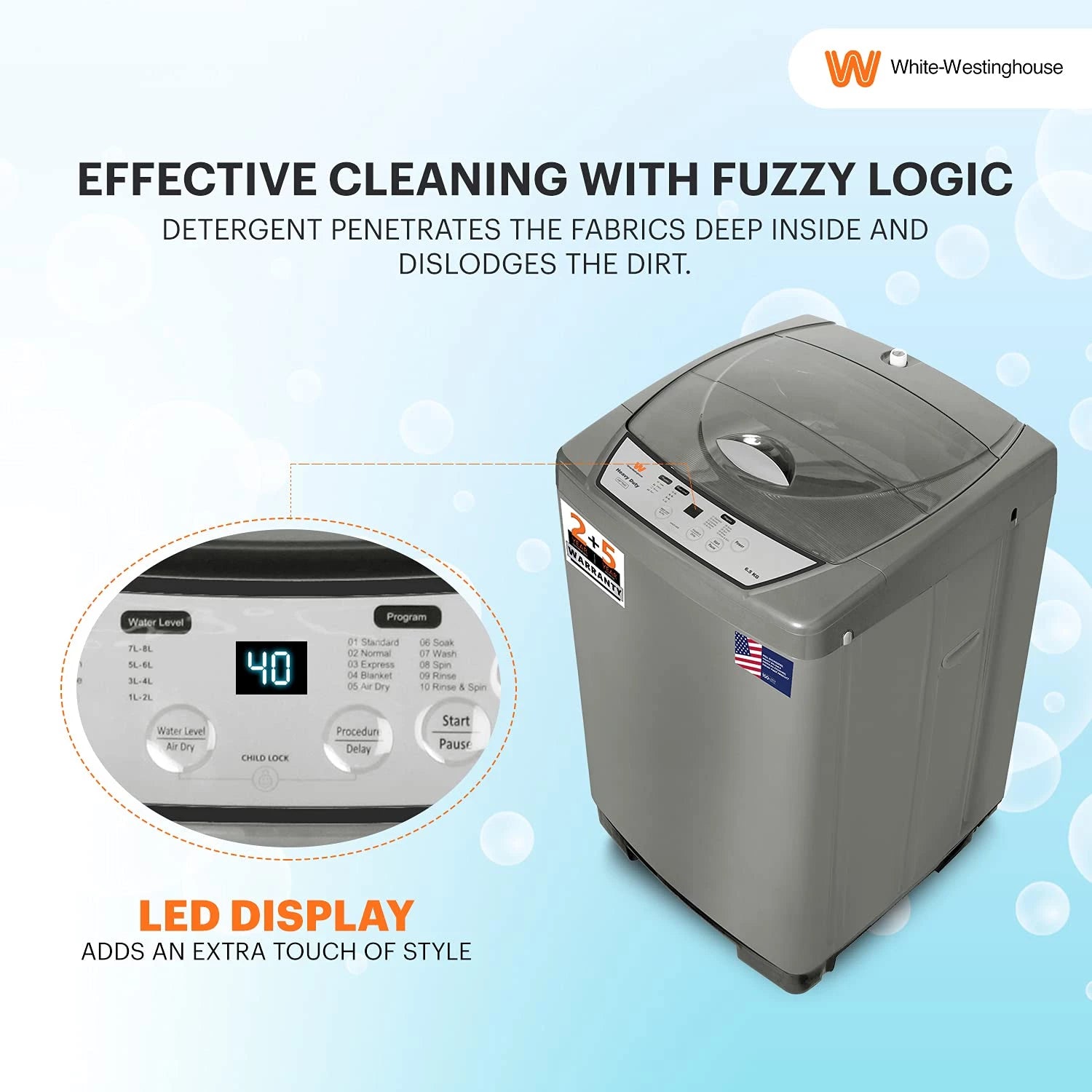 White Westinghouse 6.5kg Washing Machine (HDT6500/GREY) with Ultra Hydrant Technology.
