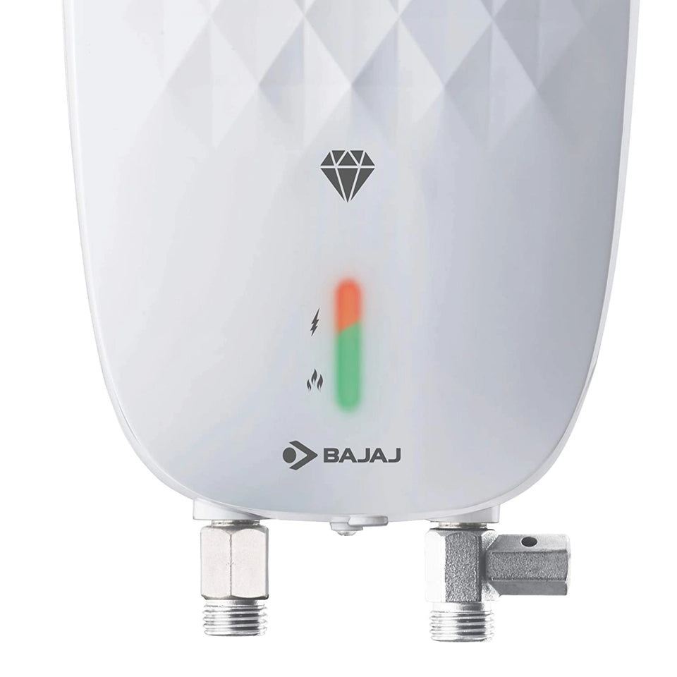 Close-up of Bajaj Juvel instant water heater showing diamond emblem, power and heating LED indicator, Bajaj logo and metal connectors