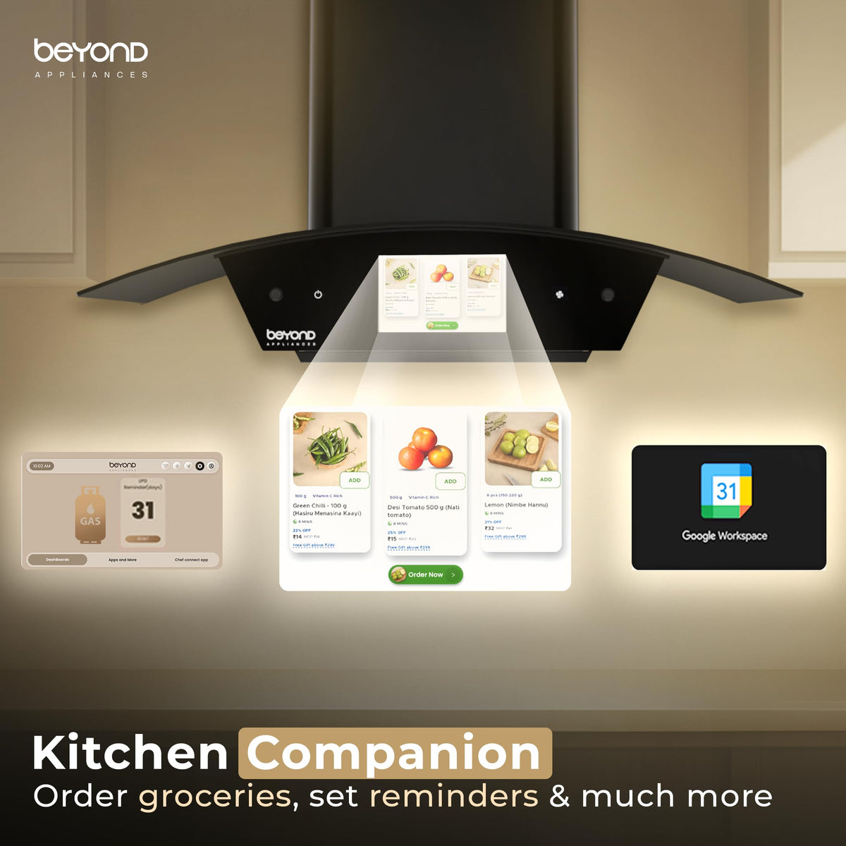 Beyond Asteria chimney screen showing gas reminder, grocery ordering and calendar as kitchen companion