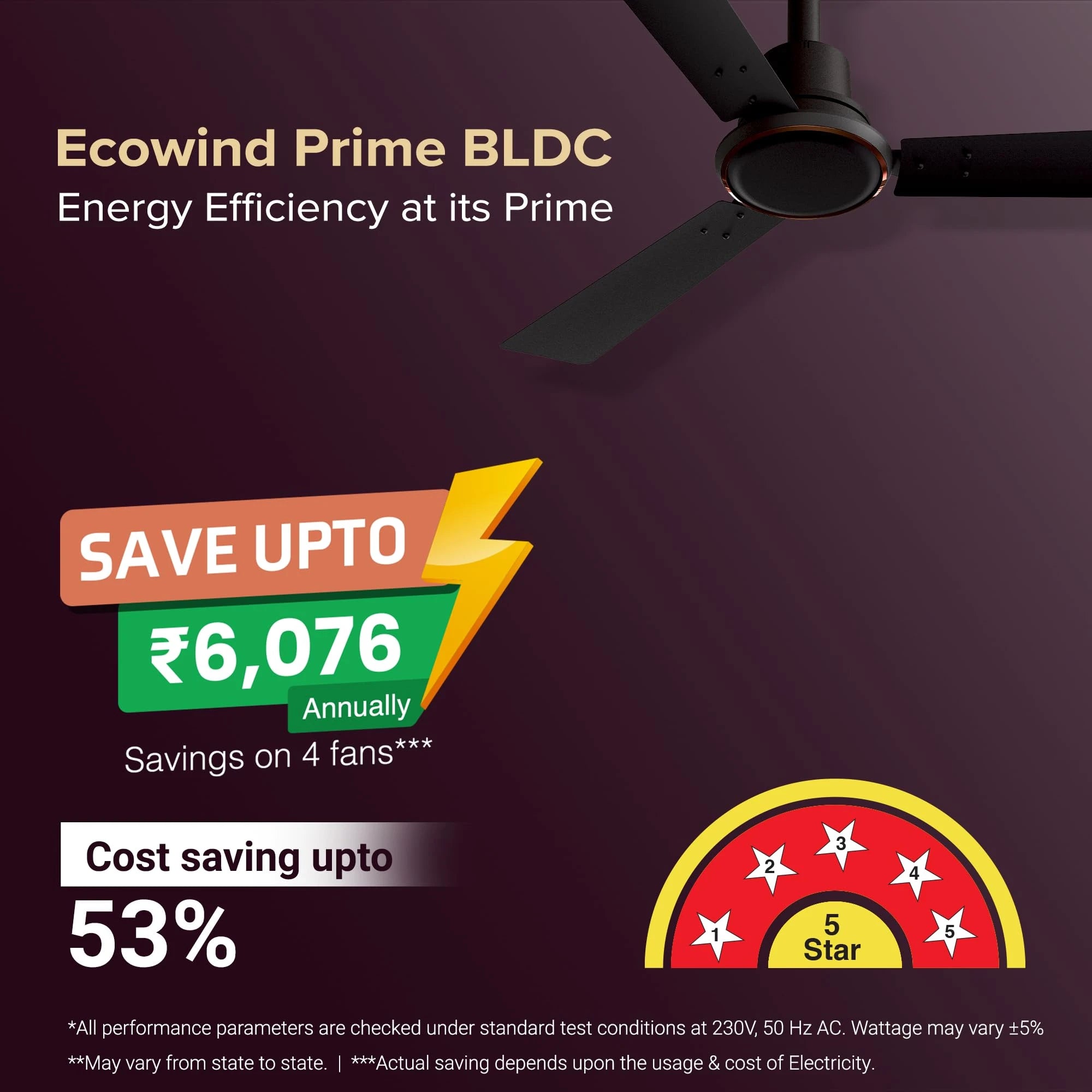 V-Guard Ecowind Prime BLDC Ceiling Fan | Energy Efficient 5 Star | 5 Speed Settings | Remote Control | Matte Brown | 1.2M