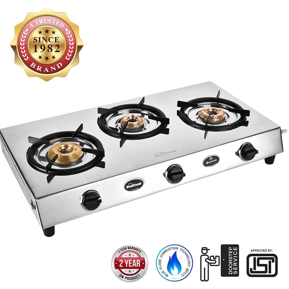 Sunflame Bonus DX Stainless Steel 3 Burner Gas Stove, Manual Ignition, Silver