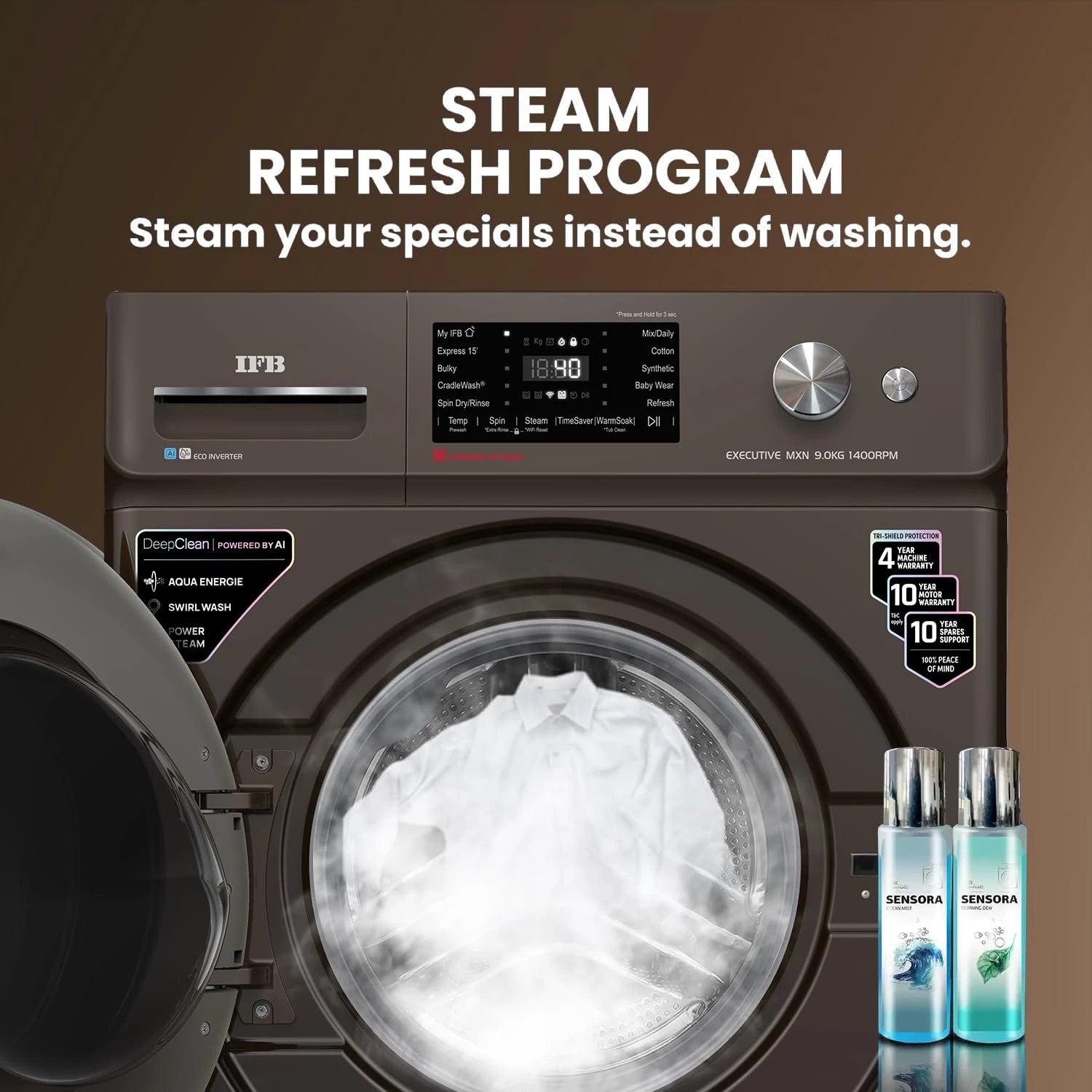 IFB 9 Kg 5 Star, DeepClean® Technology, AI Powered, WiFi, Fully Automatic Front Load Washing Machine (EXECUTIVE MXN 9014K CMS, PowerSteam®, 9 Swirl, Steam Refresh, Inbuilt Heater, Eco Inverter, Mocha)