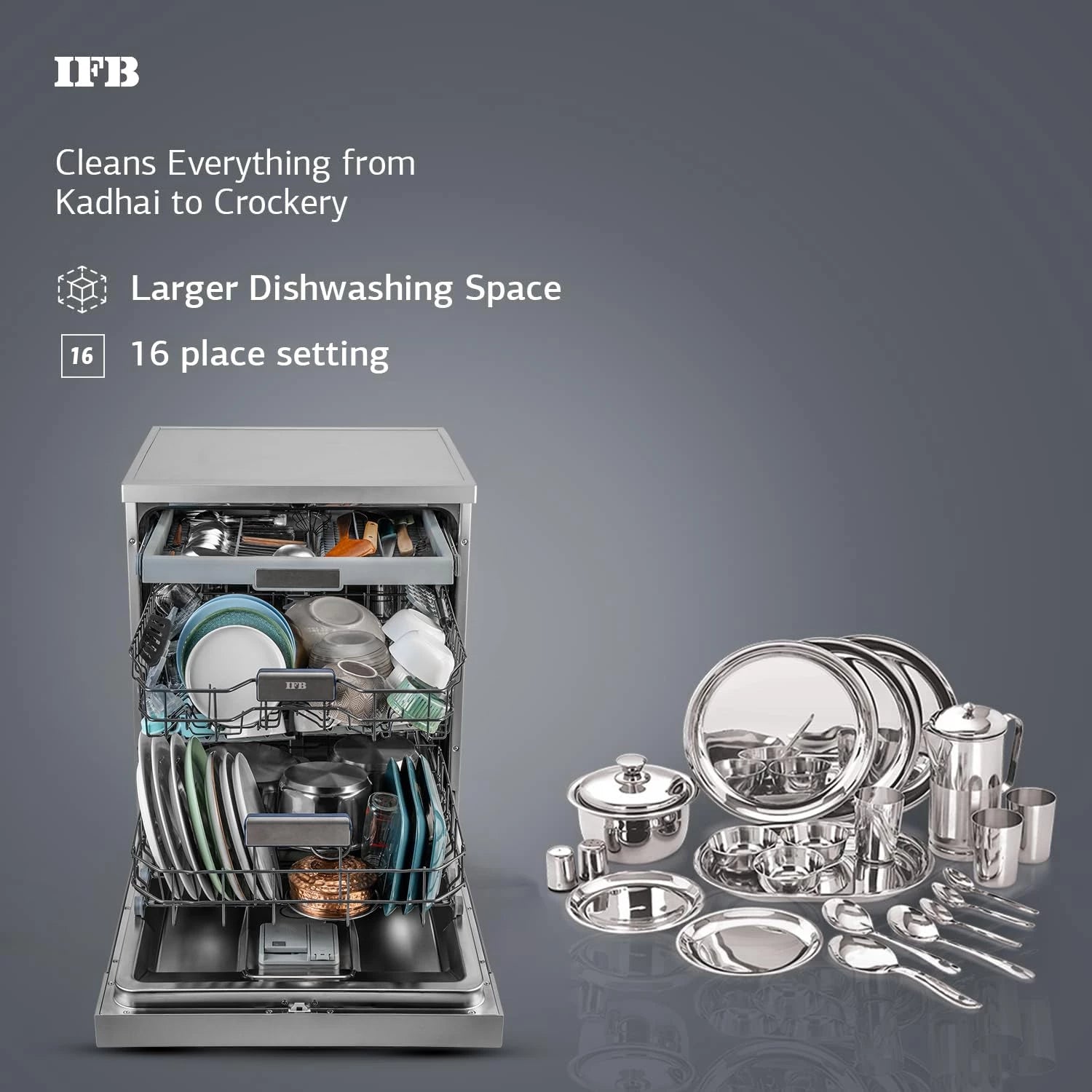 IFB 16 Place Settings with DeepClean® Technology Powered by AI Freestanding Dishwasher (Neptune SX16, Pearl Grey, Auto Door Open for Effective Drying, Interior LED Lighting)