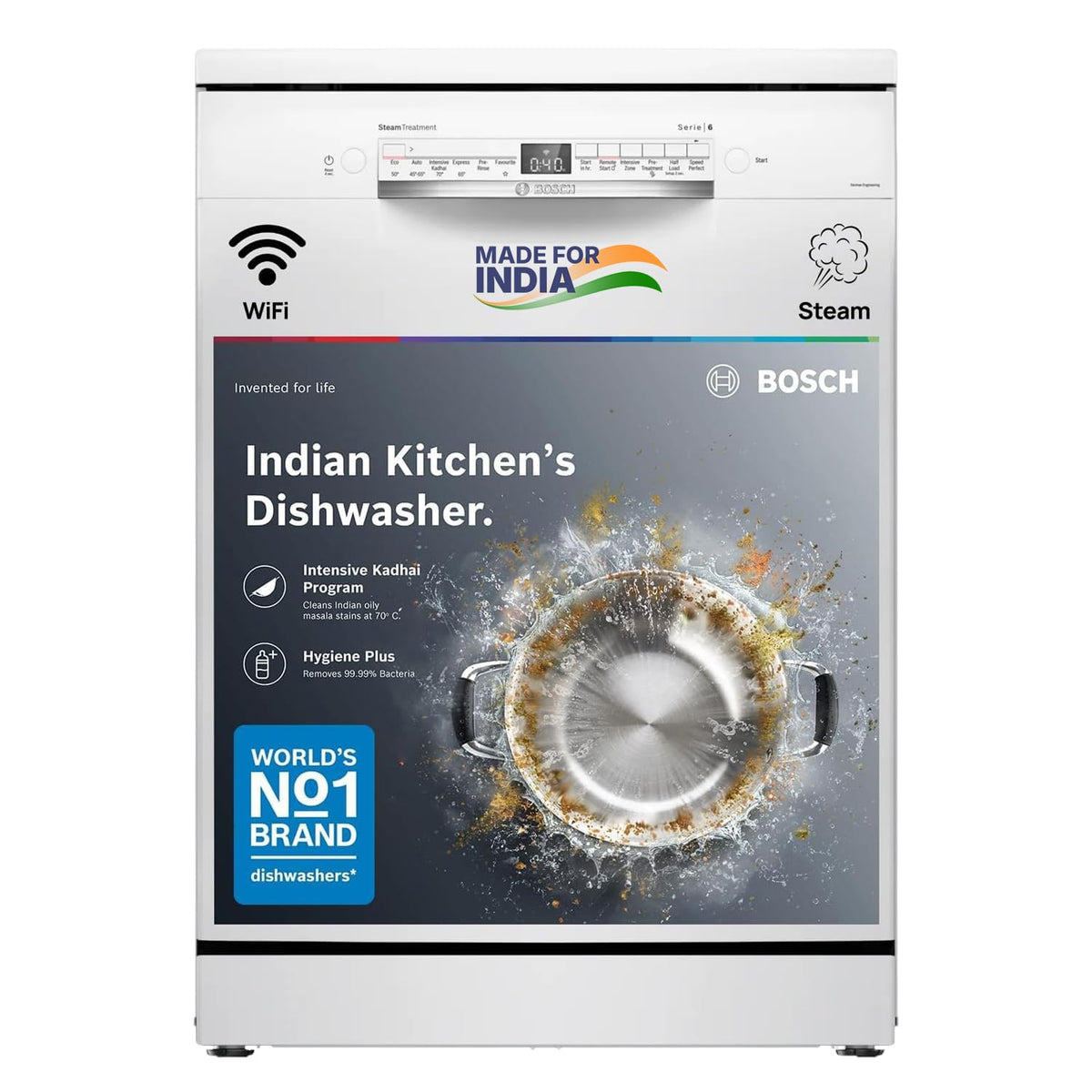 Bosch SMS6IKW01I dishwasher front view with WiFi, Steam, Intensive Kadhai Program and Hygiene Plus callouts