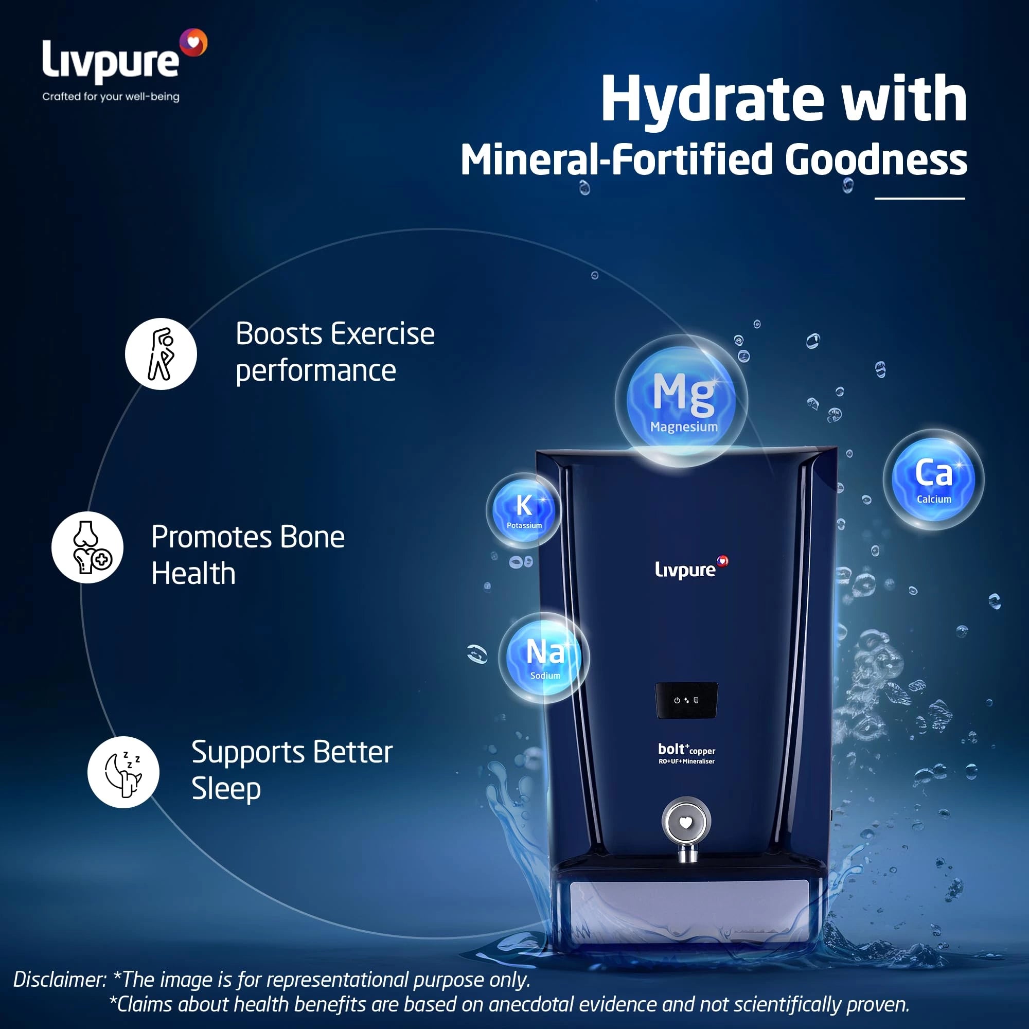Livpure Bolt+Copper+RO+UF+Mineraliser, 80% Water Savings, 7 L tank, Water Purifier for home (Blue) Suitable for Municipal, Tanker, Borewell water