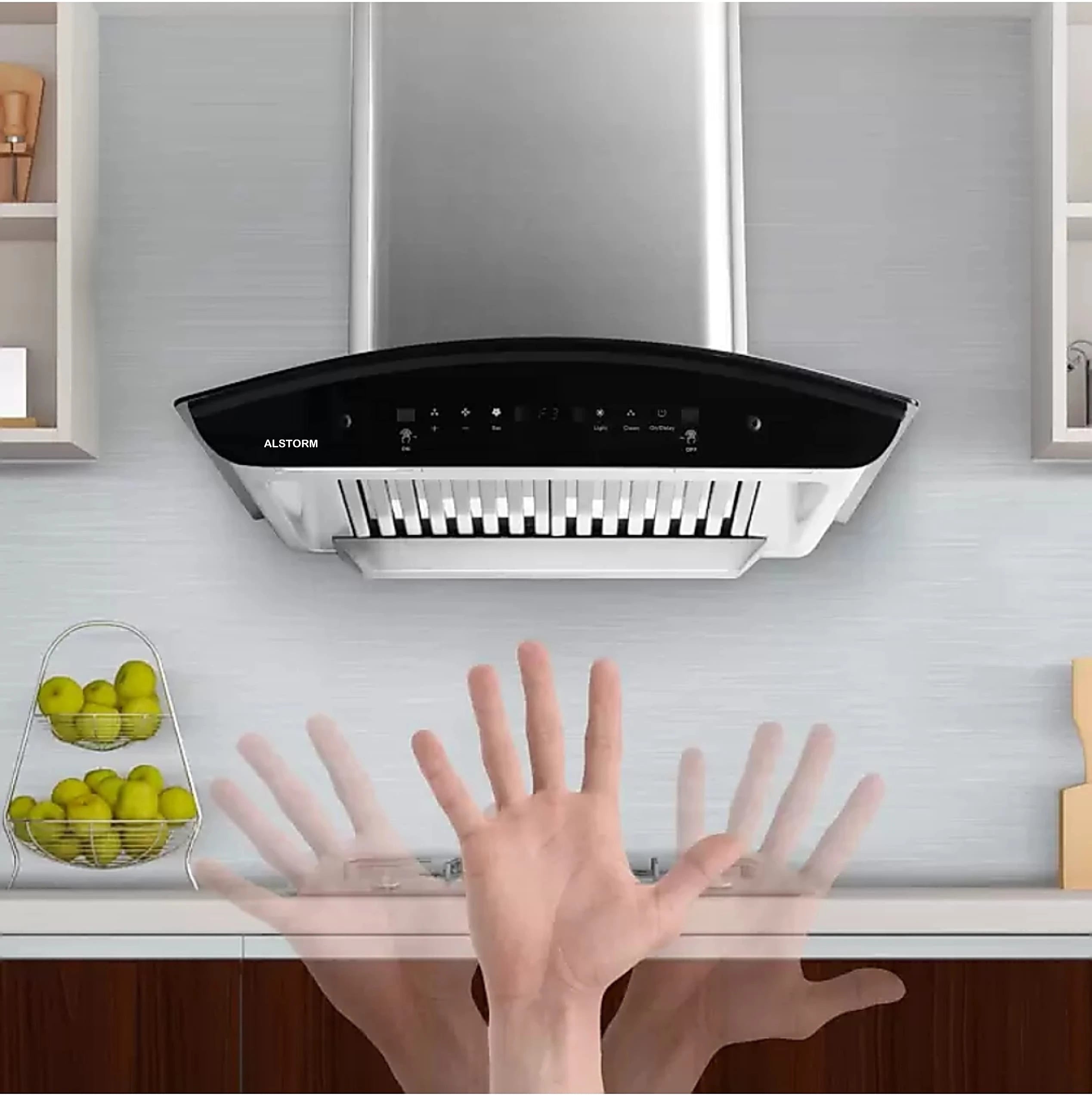 Alstorm Desire Auto Clean Chimney (60cm, 1300m3/hr, Baffle Filters, Motion Sensor, Silver)