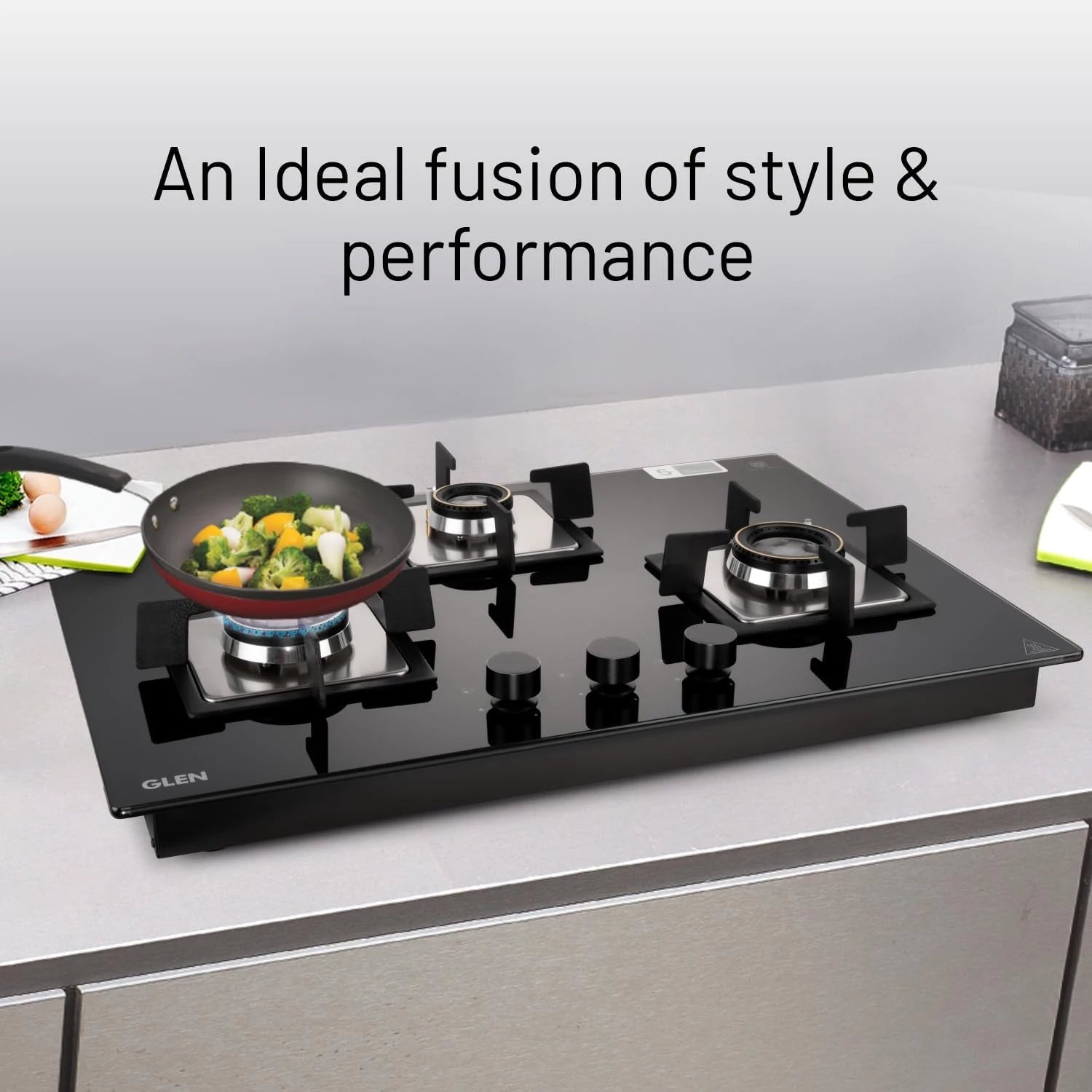 Glen 3 Burner Built-in Hob & Hobtop | 8mm Toughened Glass Top | Auto Ignition | Forged Brass Double Ring Burners | Black | ISI Certified | 2-Year Warranty