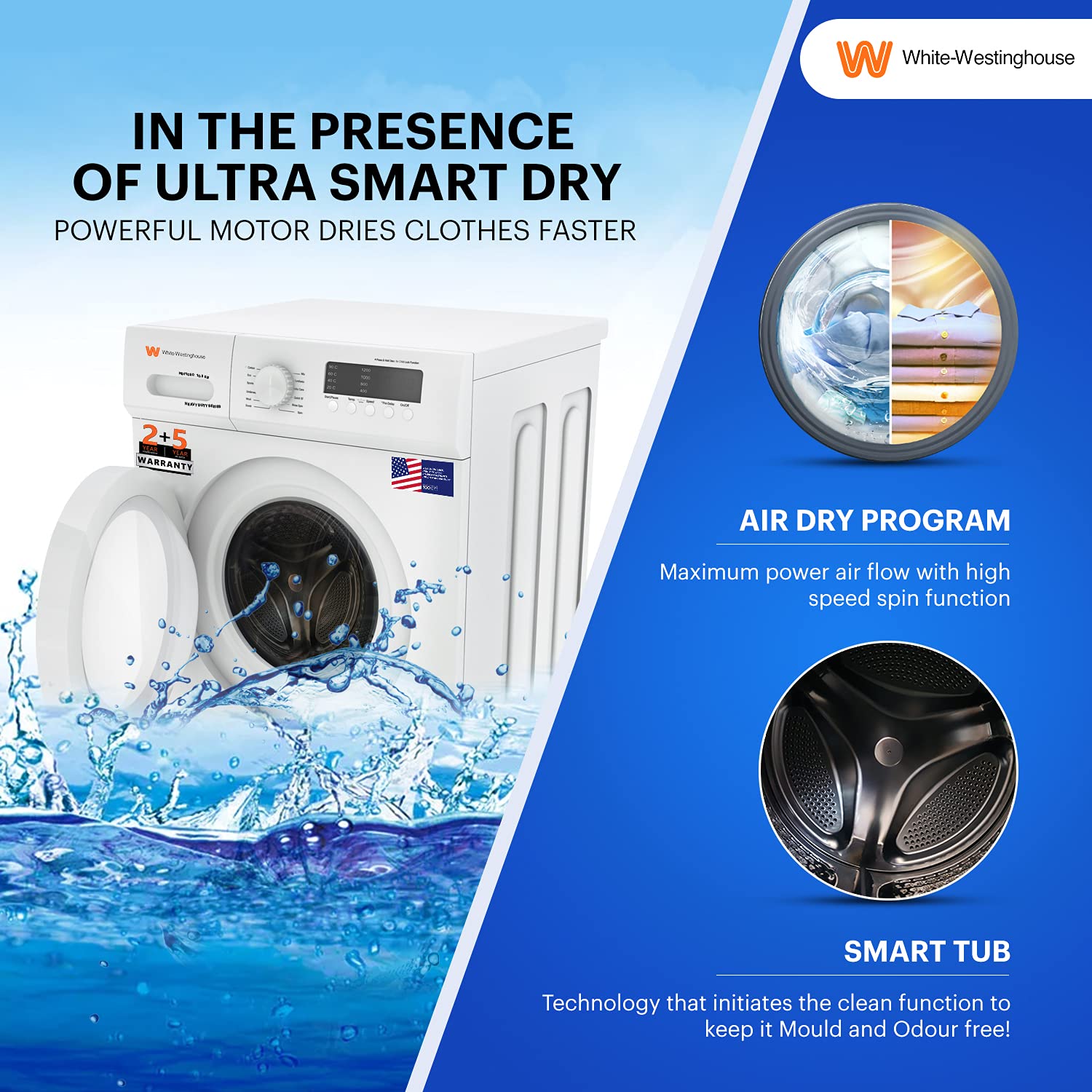 White Westinghouse 10.5kg Ultra Smart dry Fully Automatic Front Load with In-Built Heater Washing Machine, Large (HDF1050/ WHITE/In Built Heater)