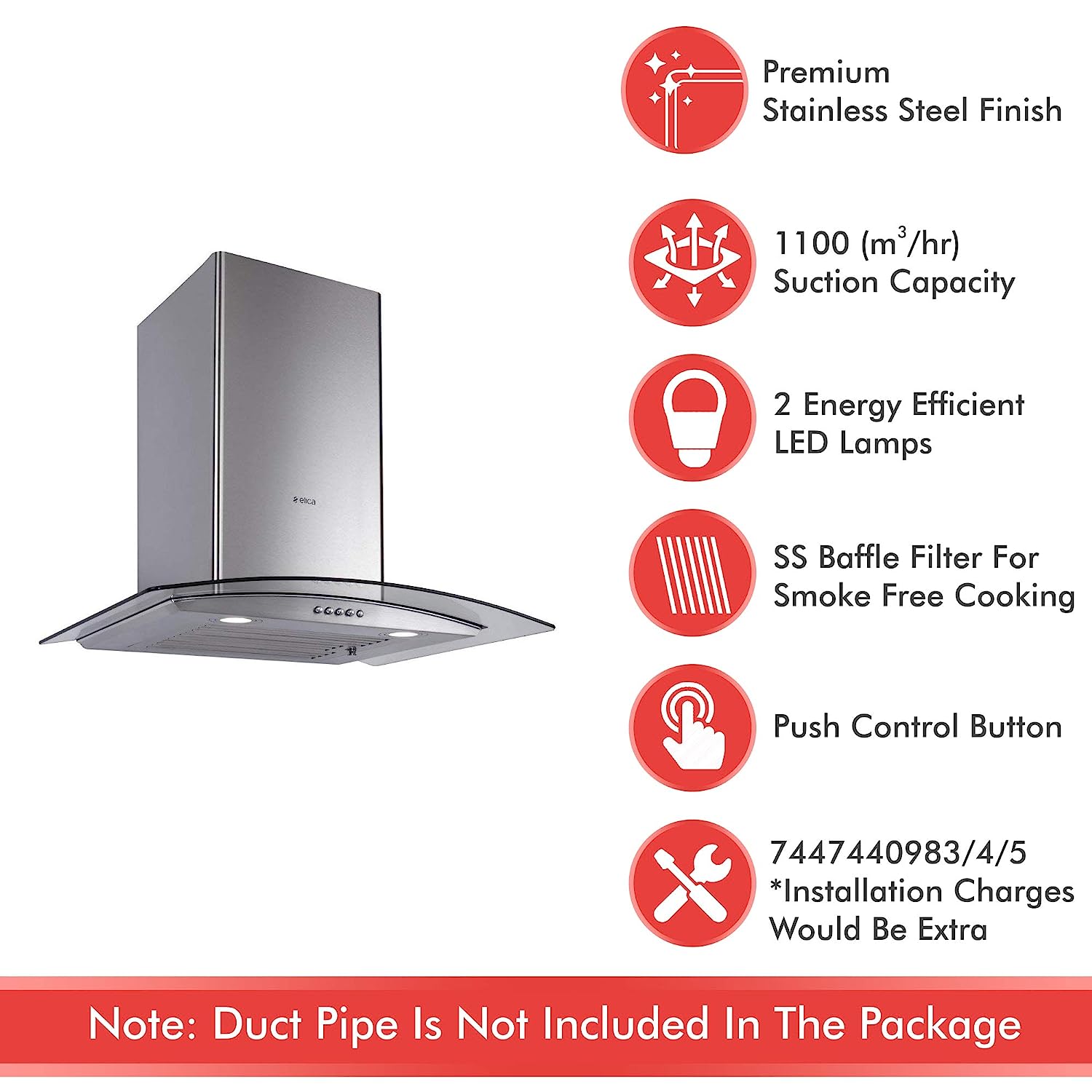 Elica Kitchen Chimney 60 cm 1100 m3/h (Escg Bf 60 Ss, Silver)