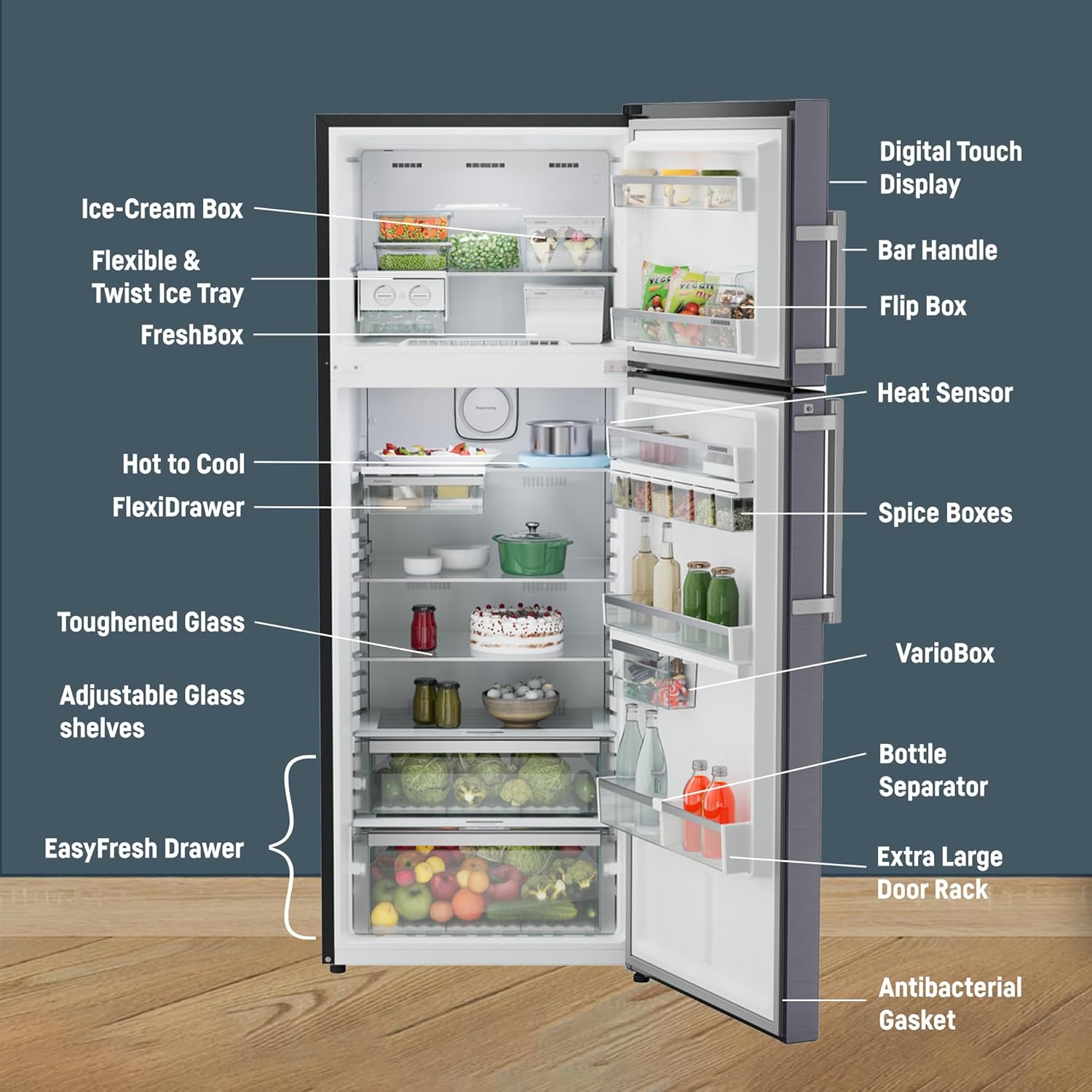 Liebherr 428L 2 Star Inverter Double Door Refrigerator with Hot to Cool Technology and Bar Handle, Frost Free, Easy Fresh, 20 Yr Compressor Warranty, 93 L Freezer, Vegetable Organiser, Cobalt Steel
