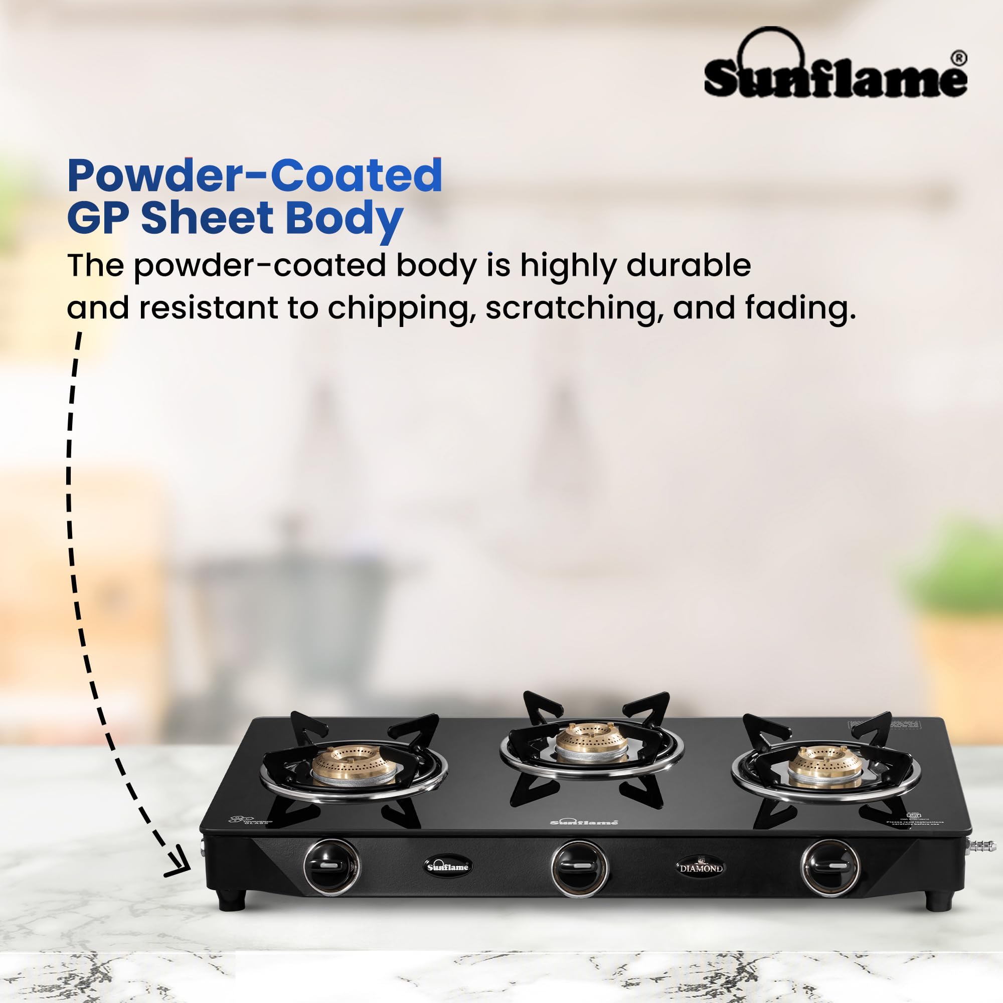 Sunflame Diamond 3 Burner Gas Stove | 1 Medium and 2 Small Brass Burners | 2-Years Product Coverage by Sunflame | Heat Resistant Ergonomic Knobs | Easy to Maintain l Toughened Glass Top