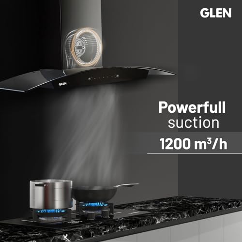GLEN 90 cm 1200m3/hr Auto-Clean Filterless Curved Glass Kitchen Chimney With Motion Sensor+Touch Controls (Senza Black)