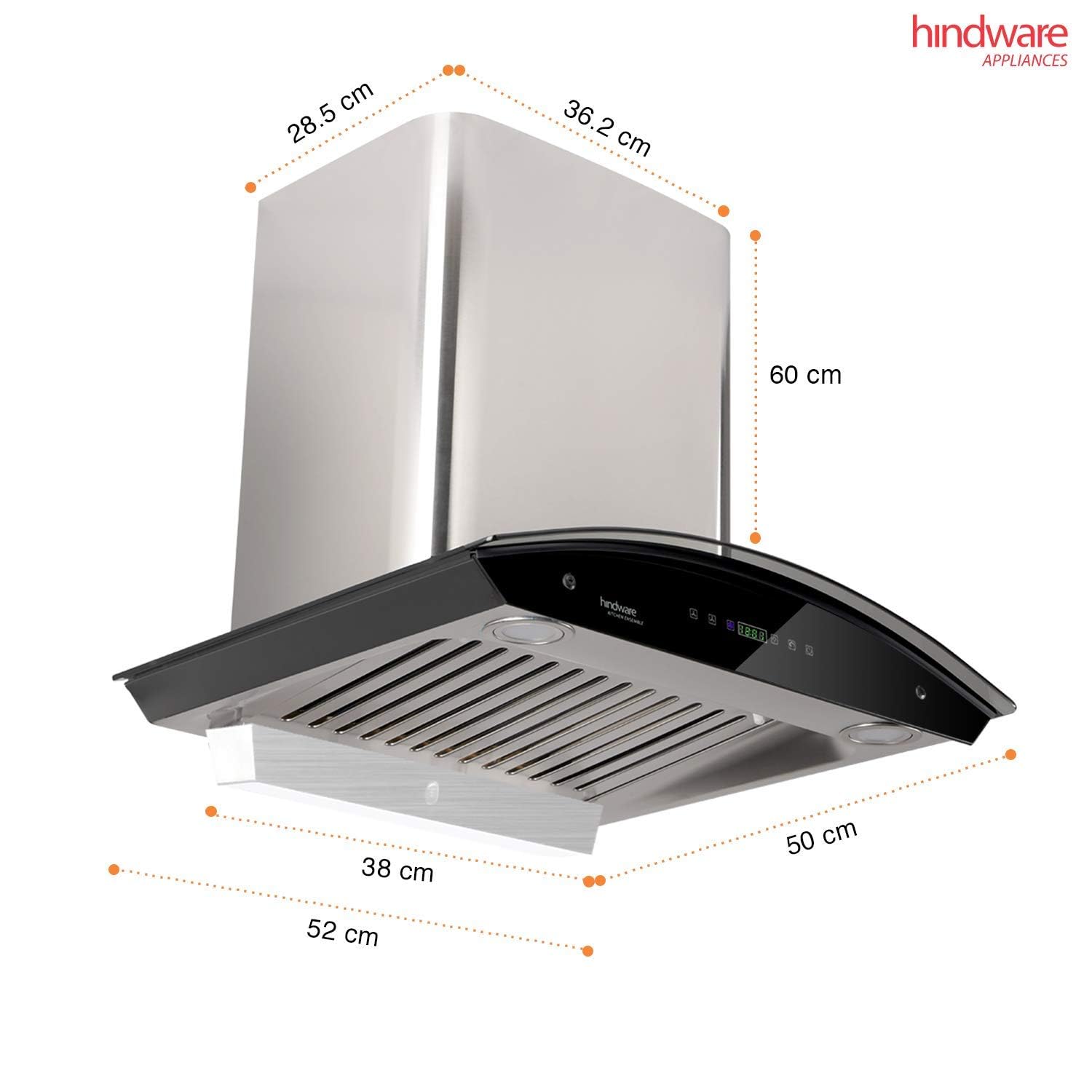 Hindware chimney Nevio 1200m3/h wall mounted auto clean with Baffle Filter - Silver, 90 cm
