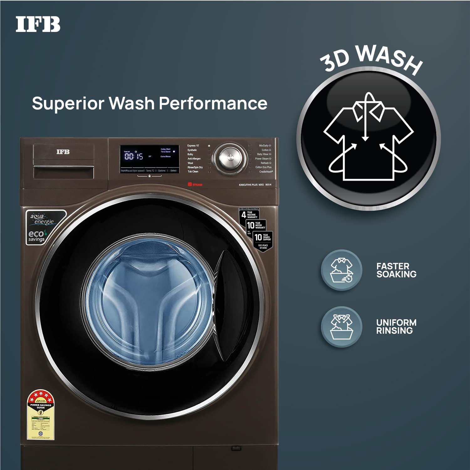 IFB 9 Kg 5 Star Front Load Washing Machine 2X Power Steam (EXECUTIVE PLUS MXS, Mocha, In-built Heater, 4 years Comprehensive Warranty) Visit the IFB Store