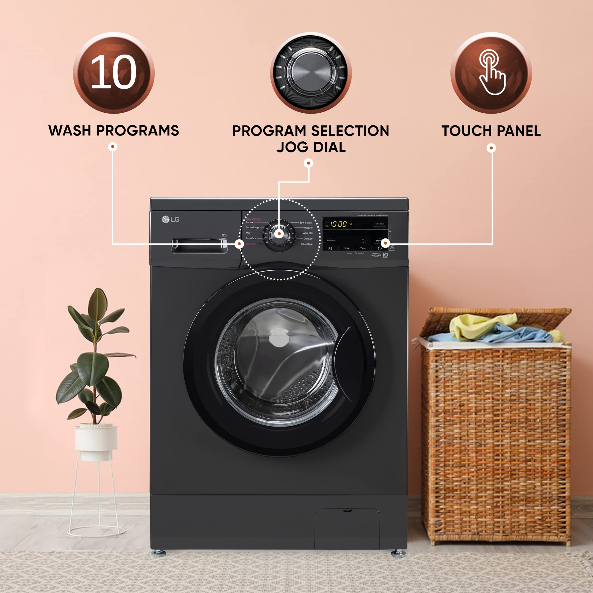 LG 7 Kg, 5 Star, Direct Drive Technology, Steam Wash, 6 Motion DD, Smart Diagnosis, Fully-Automatic Front Load Washing Machine (FHM1207SDM, Allergy Care, In-Built Heater, Touch Panel, Middle