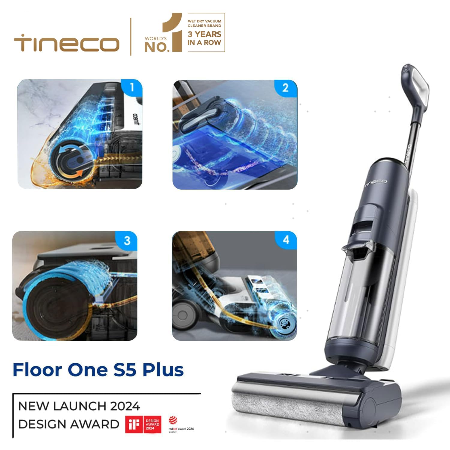 Tineco Floor ONE S5 Plus: Smart Cordless Wet & Dry Vacuum Cleaner and Mop for Hard Floors, Removes Tough Stains & Pet Hair, Patented iLoop & Self-Cleaning Brush