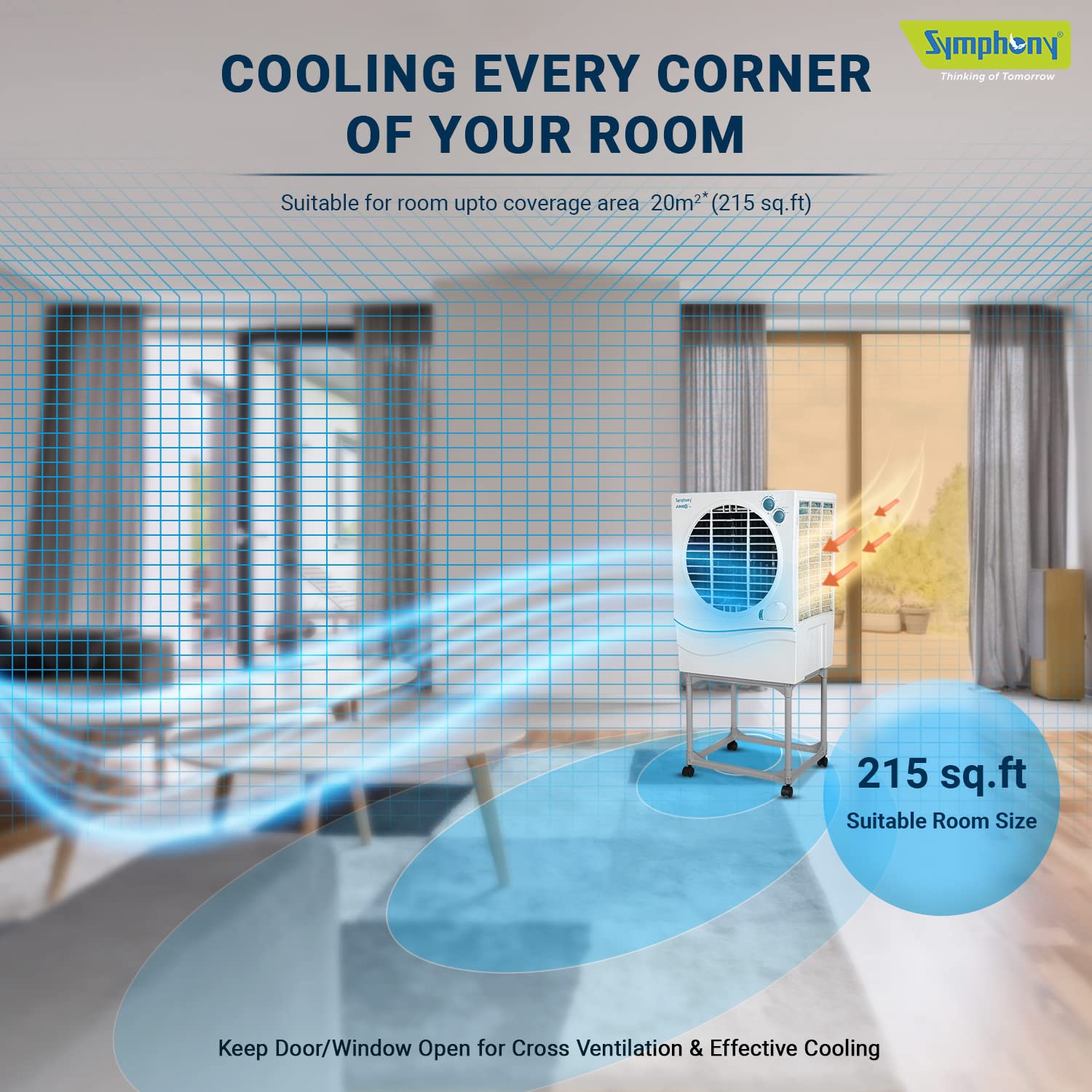 Symphony Jumbo 41 Desert Air Cooler for Home with Aspen Pads, Powerful Fan, Cool Flow Dispenser and Free Trolley (41L, White)