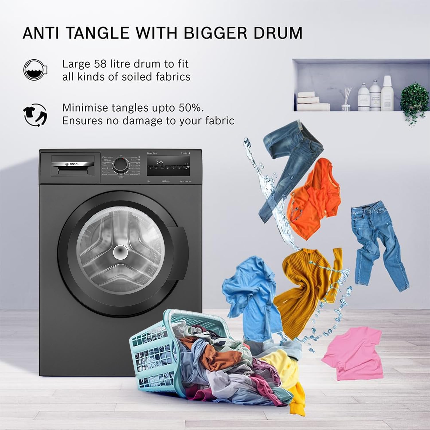 Bosch 8 kg 5 Star Fully-Automatic Front Loading Washing Machine (WAJ2826CIN, Black Grey, AI active water plus, In-Built Heater)