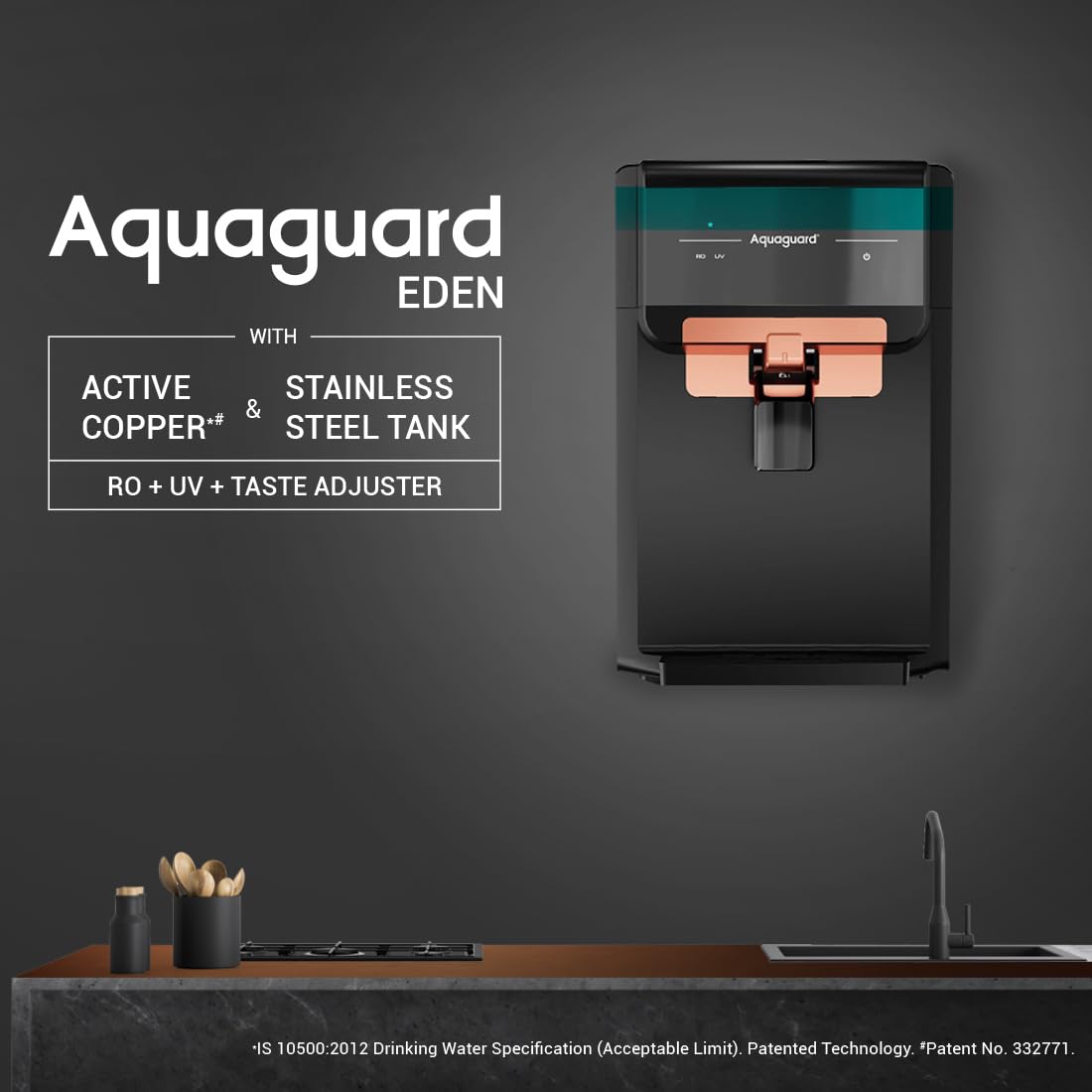 Aquaguard Eden Stainless Steel Tank 9-Stage RO Water Purifier with 2 Complimentary Alkaline Water Bottles | RO+UV+Active Copper Tech | Taste Adjuster | Suitable for Tanker, Borewell & Municip