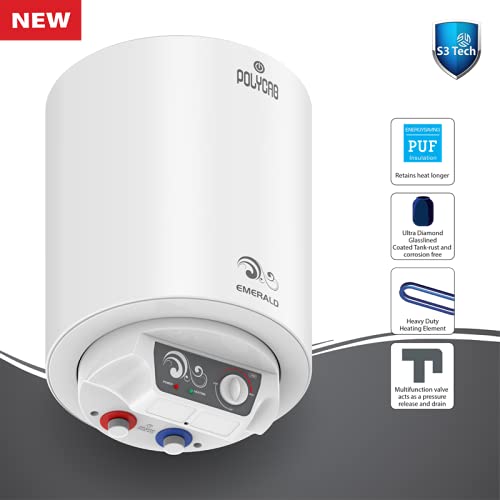 Polycab Emerald 15 litre Electric Storage Water Heater (Geyser) with 4 Star BEE Rating, Anti-rust tank, shock-proof body with advanced safety and 7 Year Inner Tank Warranty (White)