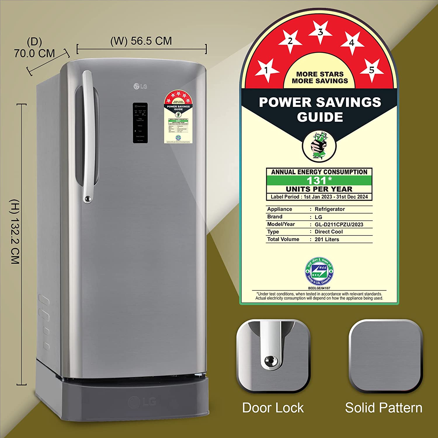 LG 201 L 5 Star Inverter Direct-Cool Single Door Refrigerator (GL-D211CPZU, Shiny Steel, Base stand with drawer)