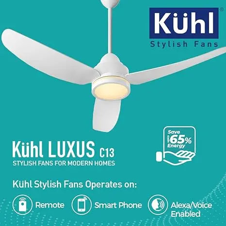 KUHL Stylish Fan Luxus C13 | 30W | BLDC Technology | 5-Star Rated | Operate on Remote-Mobile-Alexa | Night & Down Light |1200 mm sweep | Aerodynamic ABS 3 Blades | Reverse Mode | White (C13, White)