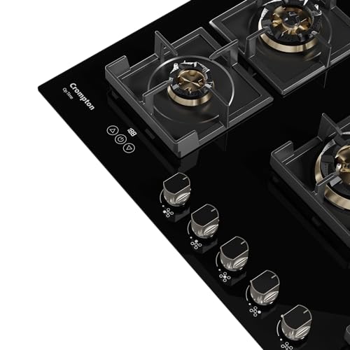Crompton Optime 90 cm 5 Burners Built-in Glass HOB with Digital Timer, Full Brass Burners & 3D Flame Technology (HOB-OPFBTI900-MBL, Midnight Black)