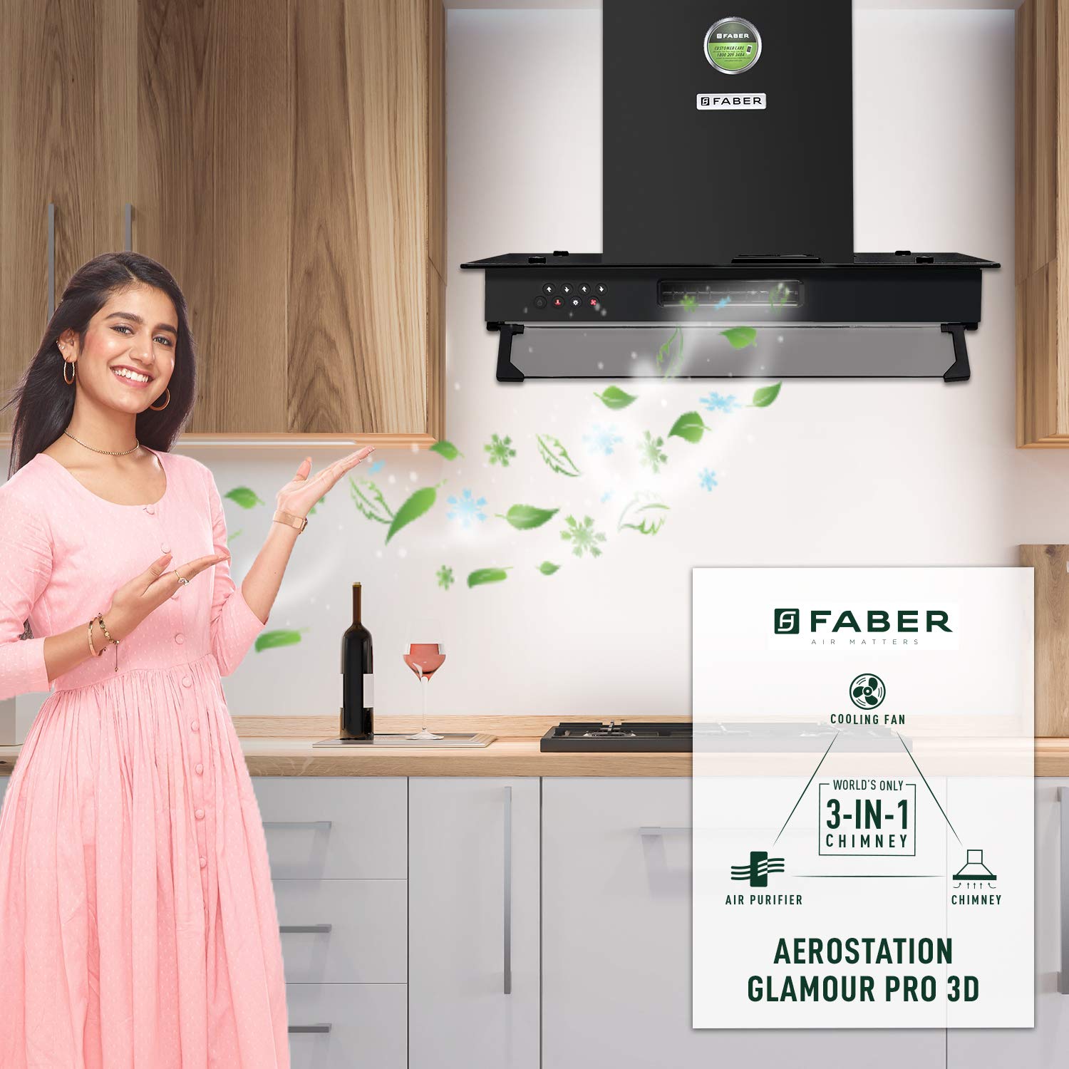 Faber 3in1 Chimney with Air purifier & Fan,60 cm,1095 m³/hr (Aerostation Glamour Pro 3D BK FT 60,Baffle Filter,Black)
