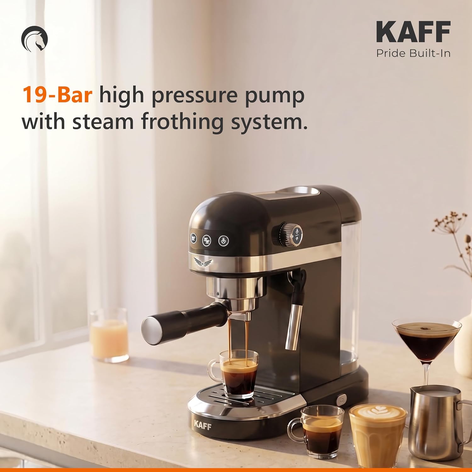 KAFF Fontana 1350 Watts Espresso Coffee Maker, 19 Bar High Pressure Pump, Steam Espresso Coffee, Detachable Frothing Nozzle Coffee Machine For Home Black
