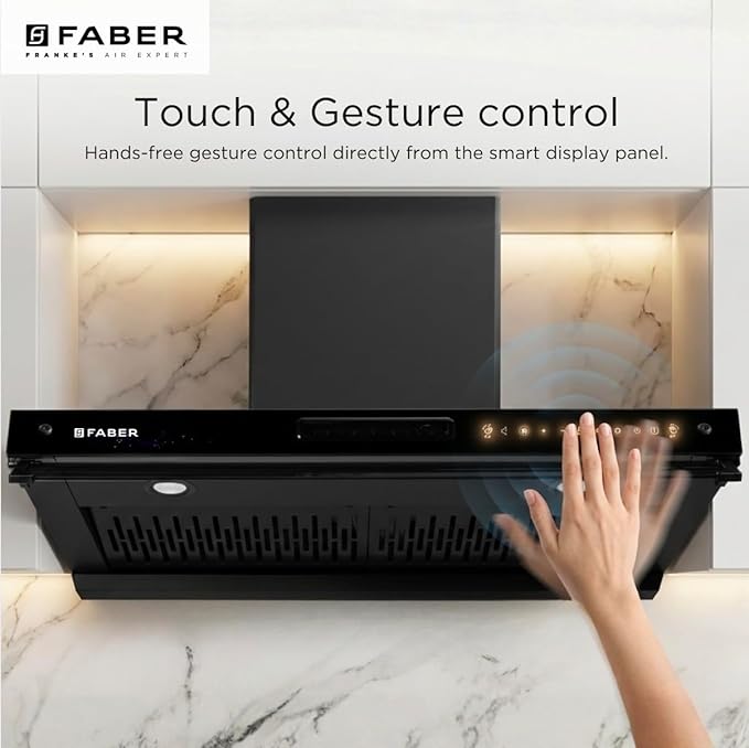 Faber 4in1 Hood Aero Smart 1400 m³/hr Filterless Autoclean 90cm Chimney|Air Purifier+Fan|Touch & Gesture Control |T-Shape  AeroSmart FL HC TC BK 90