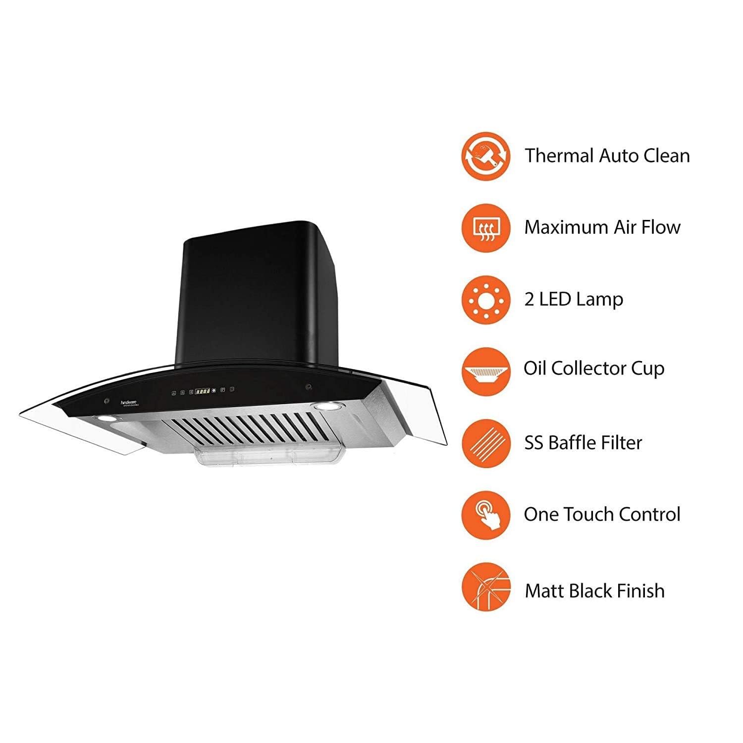 Hindware chimney Nevio 1200m3/h wall mounted auto clean with Baffle Filter - Black, 60 cm