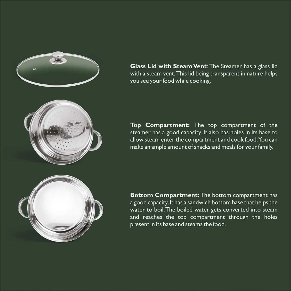 SignoraWare All Rounder Stainless Steel Induction Bottom Steamer/Modak/Momo Maker with Glass Lid (20cm) 2 Tier, Set of 1, Multicolour