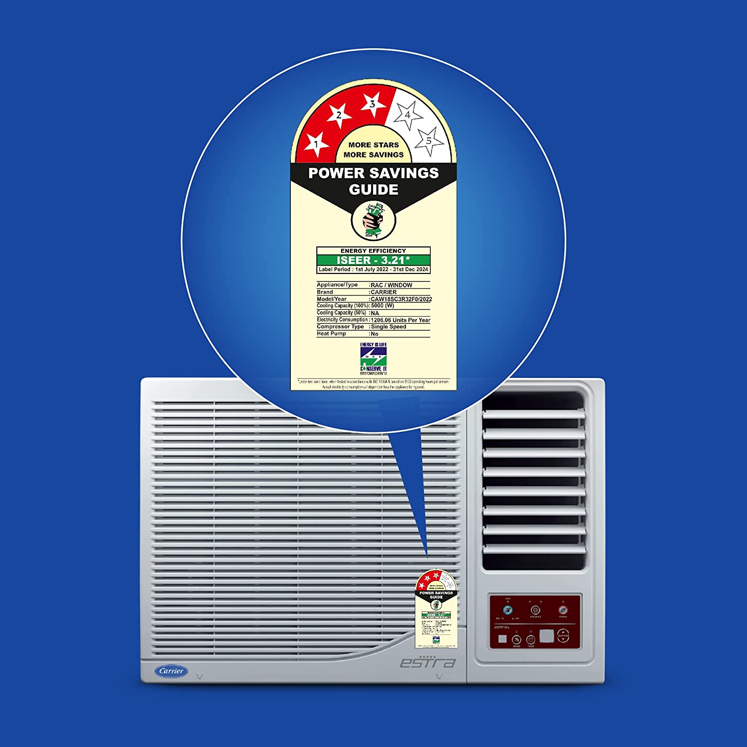 Carrier 1.5 Ton 3 Star Fixed Speed Window AC Estra DX -CAW18SC3R32F0 White