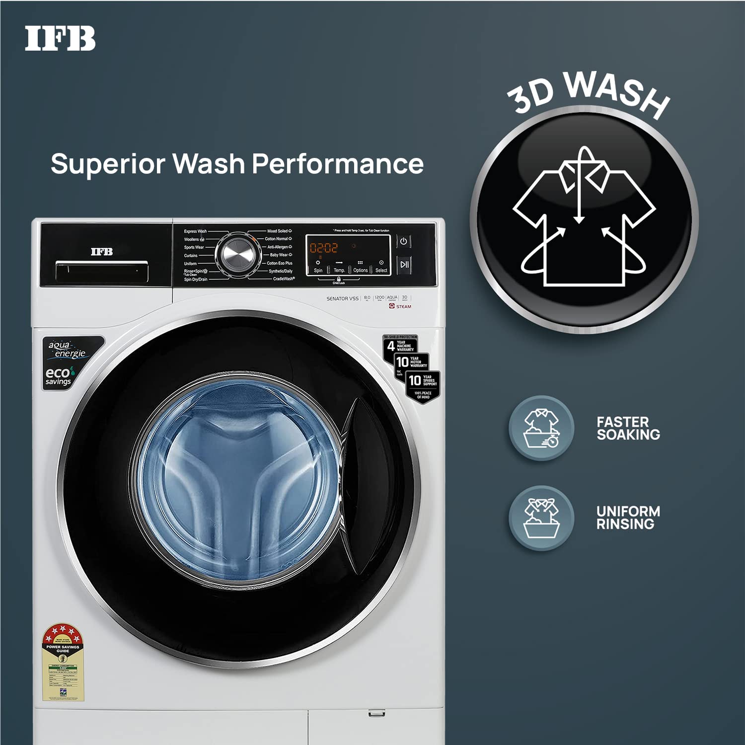 IFB 8 Kg 5 Star Front Load Washing Machine 2X Power Steam (Senator VSS 8012, White & Black, In-built Heater, 4 years Comprehensive Warranty)