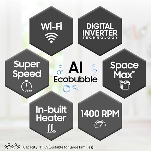 Samsung 11 kg, 5 Star, AI Ecobubble, Super Speed, Wi-Fi, Hygiene Steam with Inbuilt Heater, Digital Inverter, Fully-Automatic Front Load Washing Machine (WW11CG604DLBTL, BLACK CAVIAR, 2023 Mo