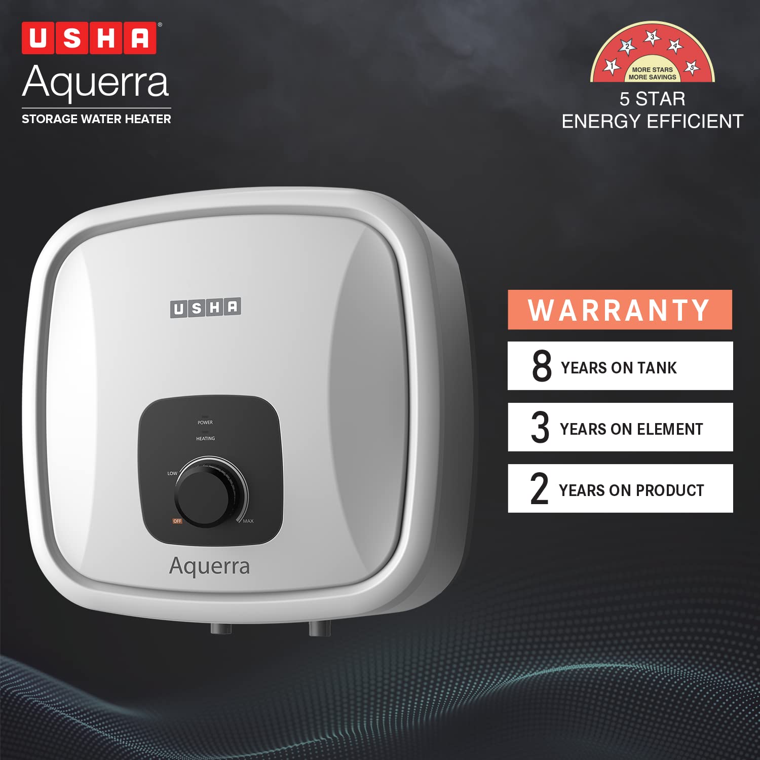 Usha Aquerra 25 Litre 5 Star Storage Water Heater (White), Wall Mounting
